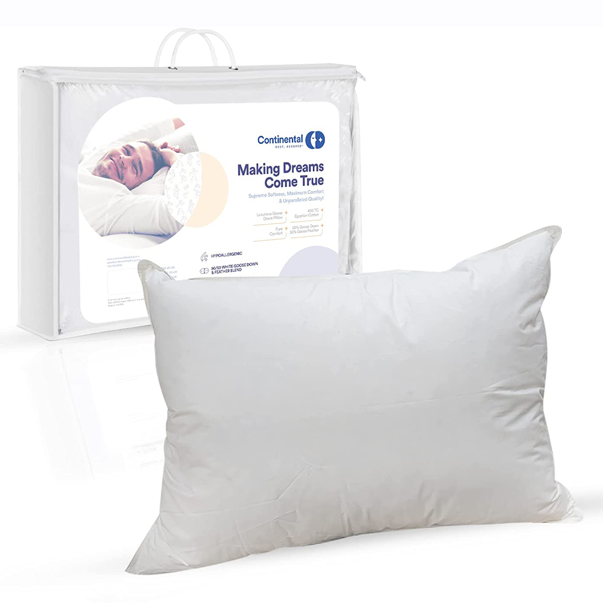 Continental Bedding 50/50 Blend White Goose Down and Feather Pillow