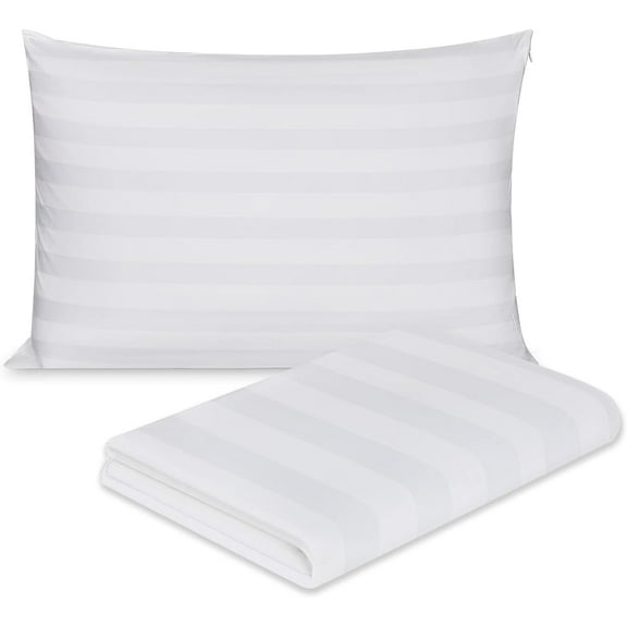 100% Cotton Damask Striped White Pillow Protector Pack of 1, Queen Size 20x30 inch