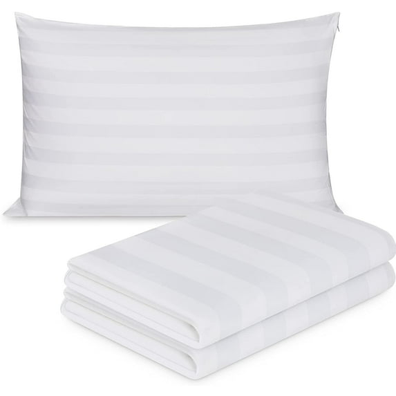 100% Cotton Damask Striped White Pillow Protector 2 Pack, Queen Size 20x30 inch