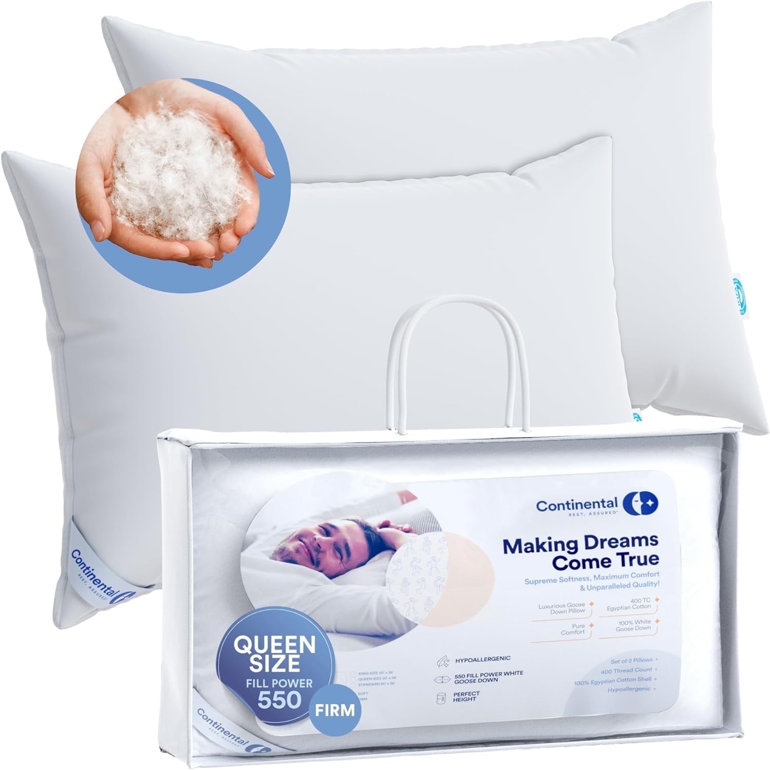 Queen Size Firm White Down Fill Hypoallergenic Pillows - Set of 2