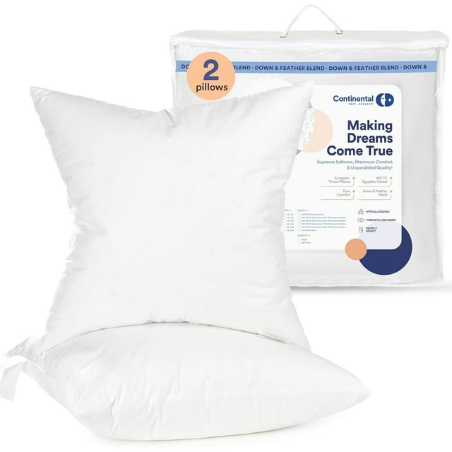Continental Bedding Goose Down 25/75 Decorative Pillow Insert, Pack of 2, 22x22 Size