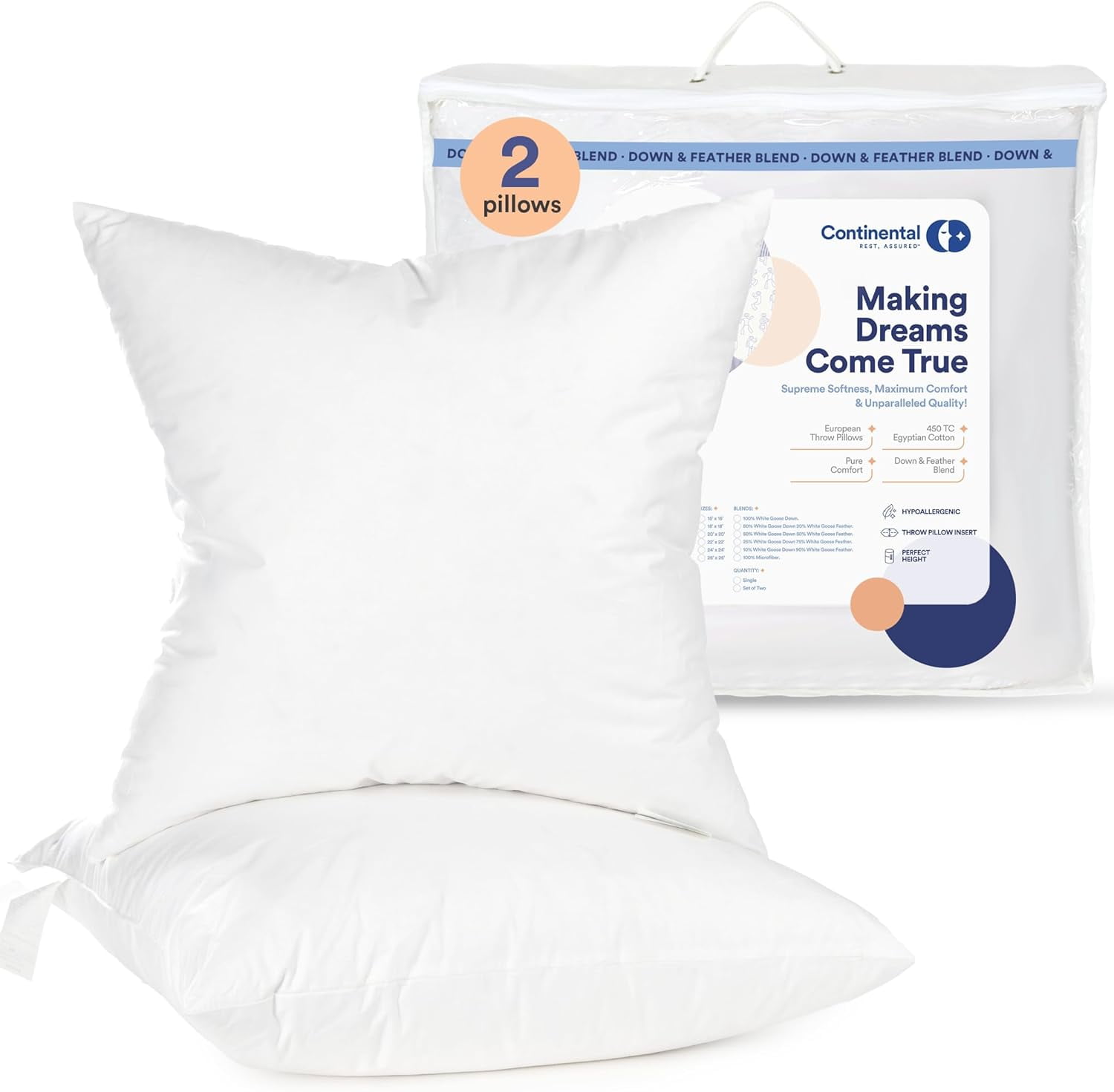 White Microfiber 26x26 Inch Square Pillow Inserts - 2 Pack
