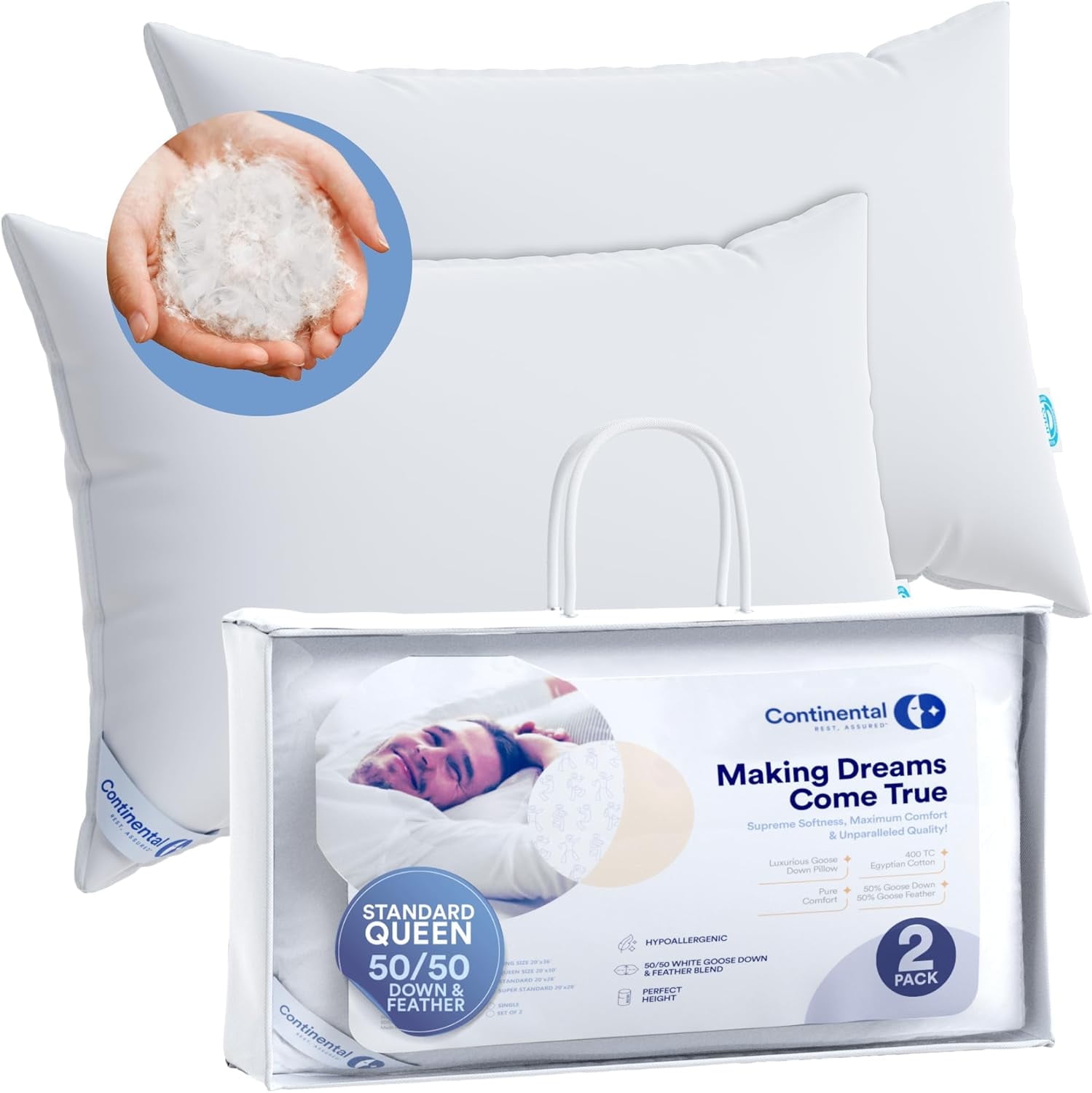 Goose Down Feather Pillow for Side Sleepers 50/50 Blend, Set of 2, Super Standard Size