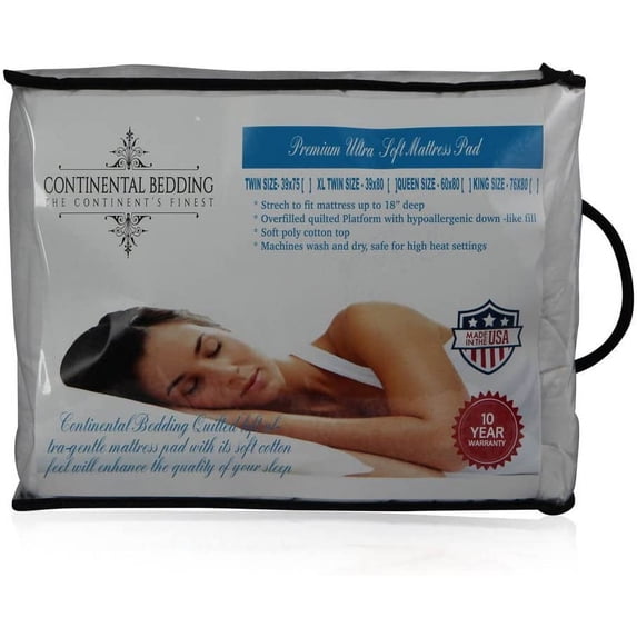 Continental Bedding Premium Mattress Pad - 300 Thread Count -Fitted-Quilted (Queen )