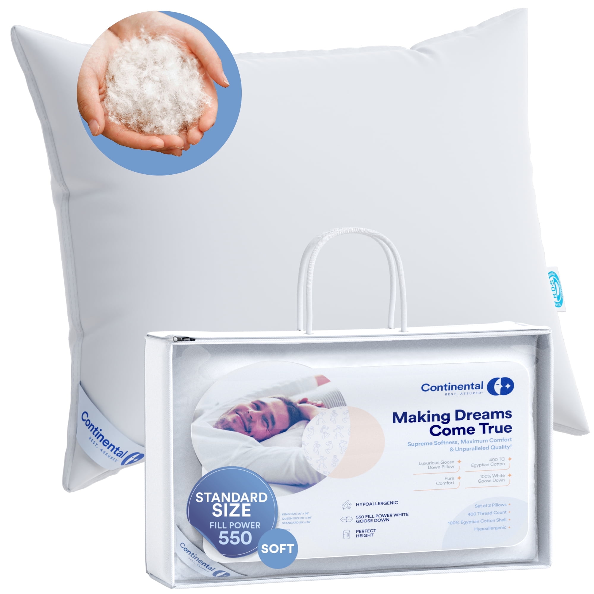 Standard Size White Goose Down Hypoallergenic Soft Pillow