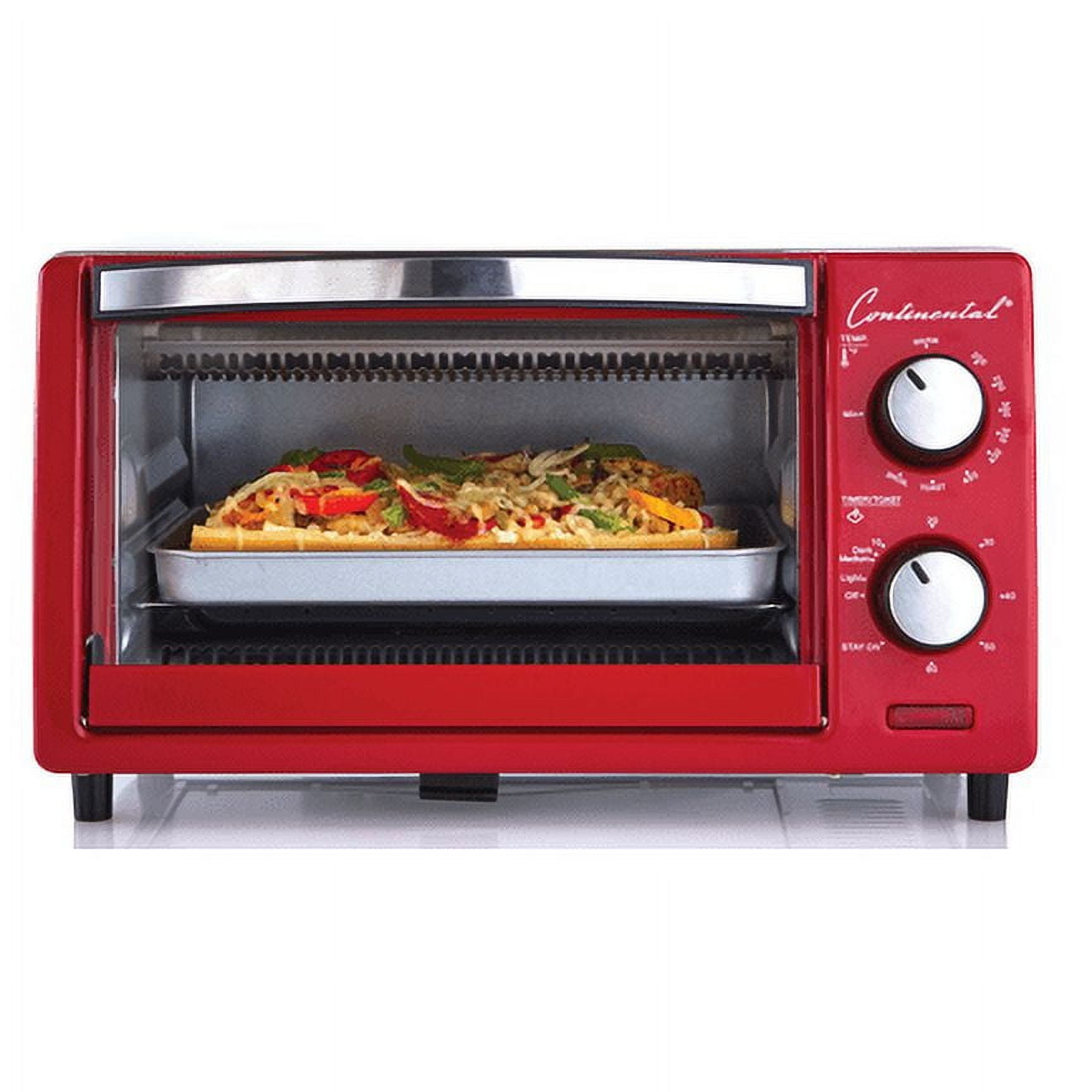 Continental Electric 4-Slice Red Toaster Oven with Broil Bake Toast Functions