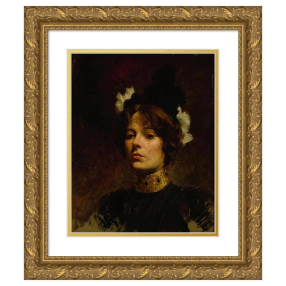 Continental School 15x18 Gold Ornate Wood Frame and Double Matted Museum Art Print Titled - Portrait of a Woman with a Jeweled Collar