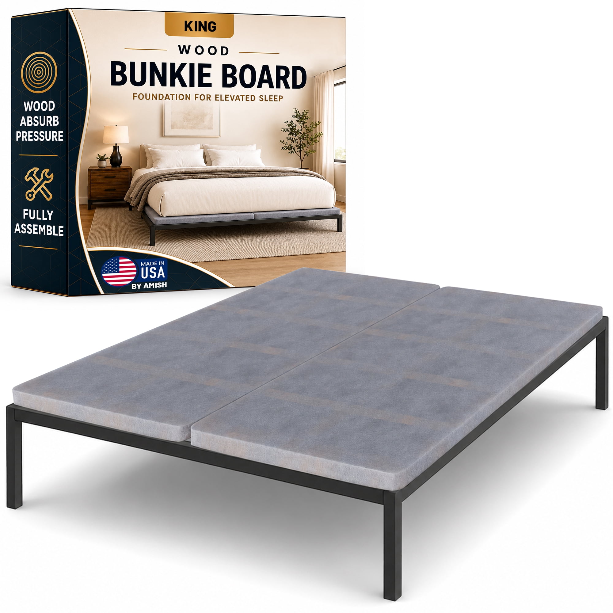 Continental Sleep, 1.5" Split Wood Bunkie Board King Size Bed, 2-Piece Under Mattress Support, Fully Assembled, Fabric Ventilation Cover-Replaces Wooden Slats or Box Spring for Bed Frames