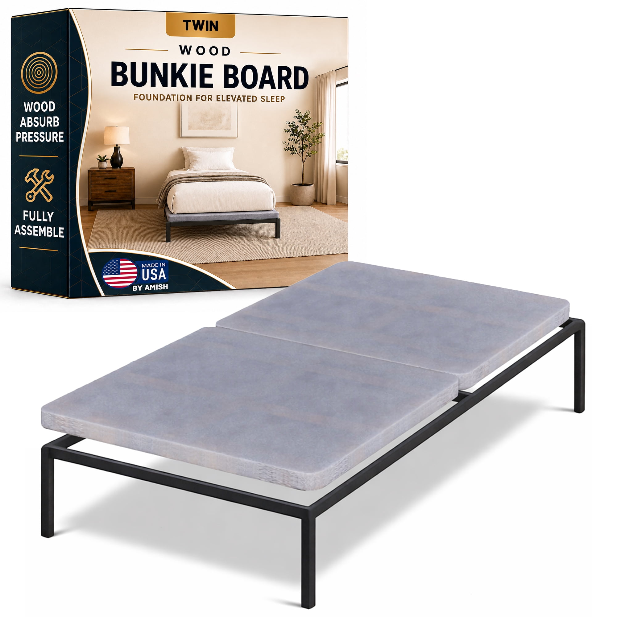 Continental Sleep, 1.5" Split Wood Bunkie Board Twin Size Bed, 2-Piece Under Mattress Support, Fully Assembled, Fabric Ventilation Cover-Replaces Wooden Slats or Box Spring for Bed Frames