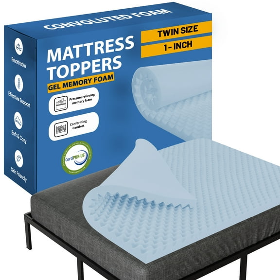 Continental Sleep 1" Convoluted Gel Memory Foam Mattress Toppers, Twin