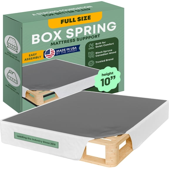 Continental Sleep, 10” Full Box Spring Only for Full Size Bed, Solid Wood Mattress Foundation with Stable & Quiet Support, Flat-Packed & Easy Assembly, Wood Box Spring, White