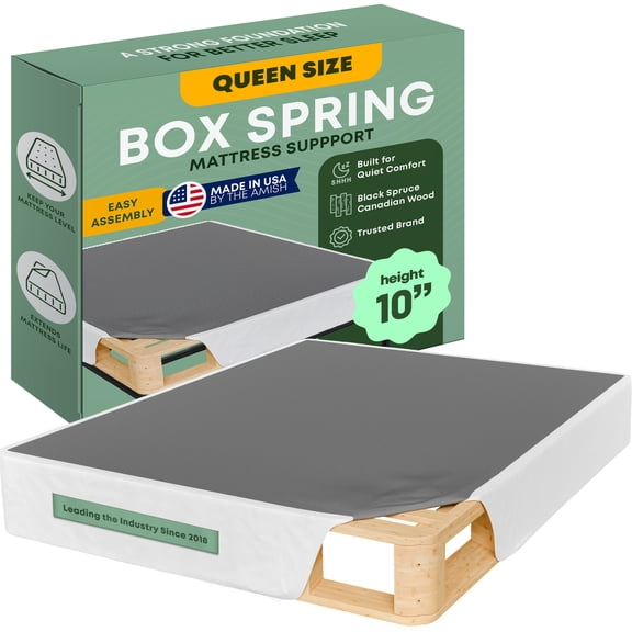 Continental Sleep, 10” Queen Box Spring Only for Queen Size Bed, Solid Wood Mattress Foundation with Stable & Quiet Support, Flat-Packed & Easy Assembly, Wood Box Spring, White