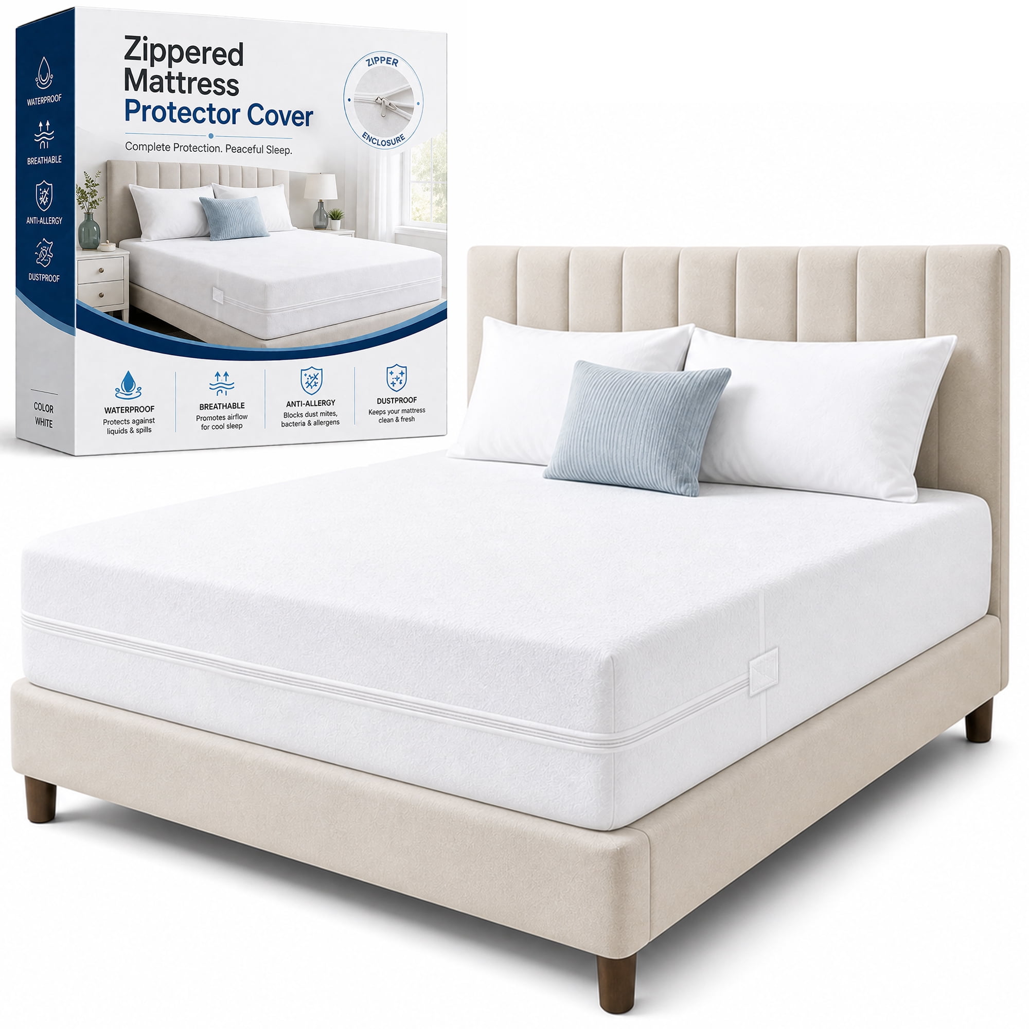 Continental Sleep, 10 to 14-Inch Ultra Soft-Premium Zippered Mattress Protector Cover, Water Resistant, Breathable and noiseless, Twin, White