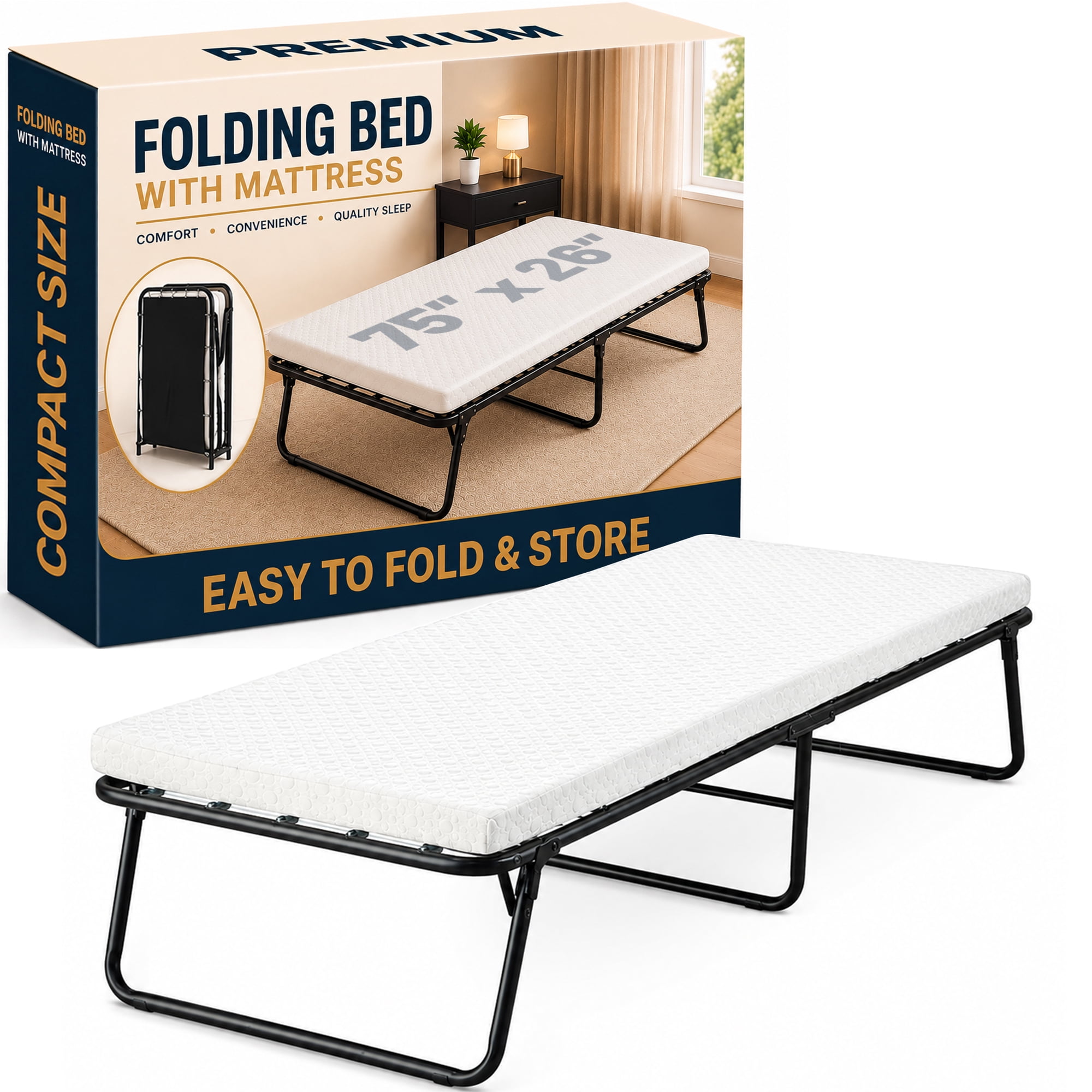 Continental Sleep, 14″ High Folding Guest Bed with 3″ Memory Foam Mattress, Sturdy Metal Frame, Easy Access for Seniors, Underbed Storage, Comfortable Rollaway Bed for Guests, 26″ Wide