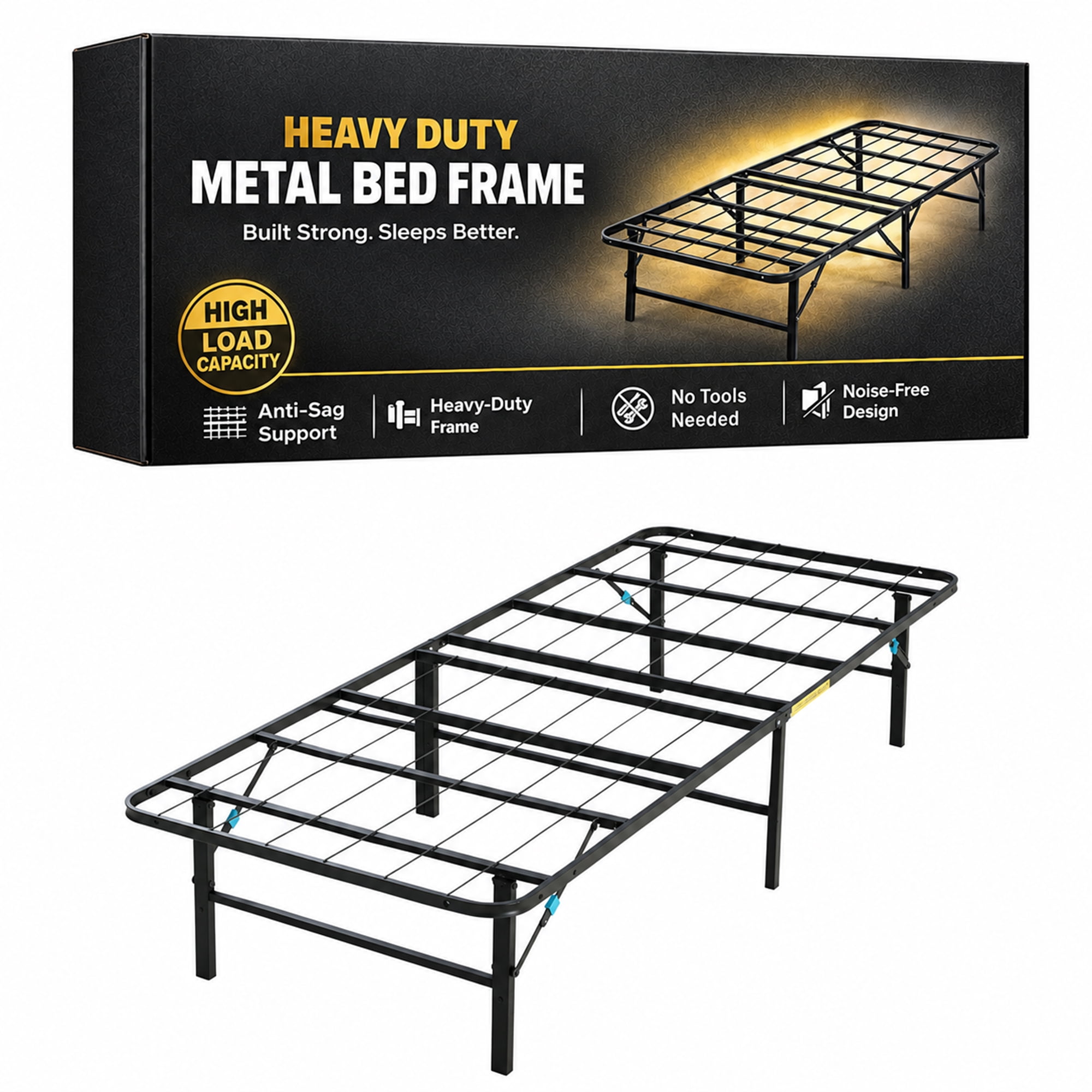 Continental Sleep, 14-Inch Foldable Metal Platform Bed Frame with Tool Free Setup, Sturdy Steel, No Box Spring Needed, 75" x 30", Black