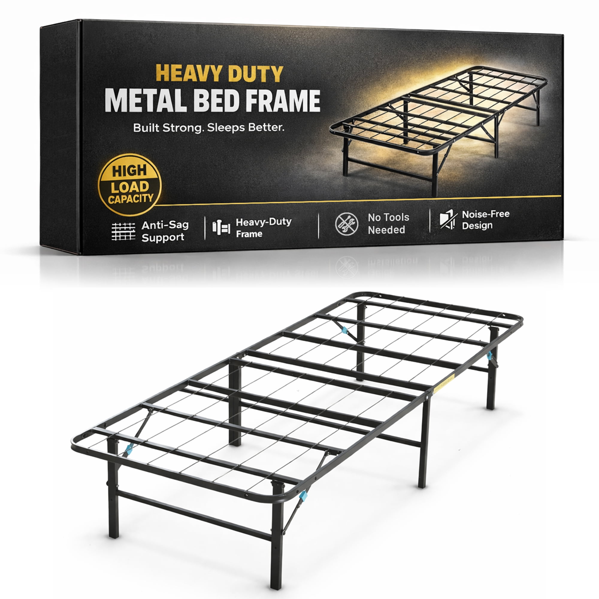 Continental Sleep, 14-Inch Foldable Metal Platform Bed Frame with Tool Free Setup, Sturdy Steel, No Box Spring Needed, 75" x 30", Black