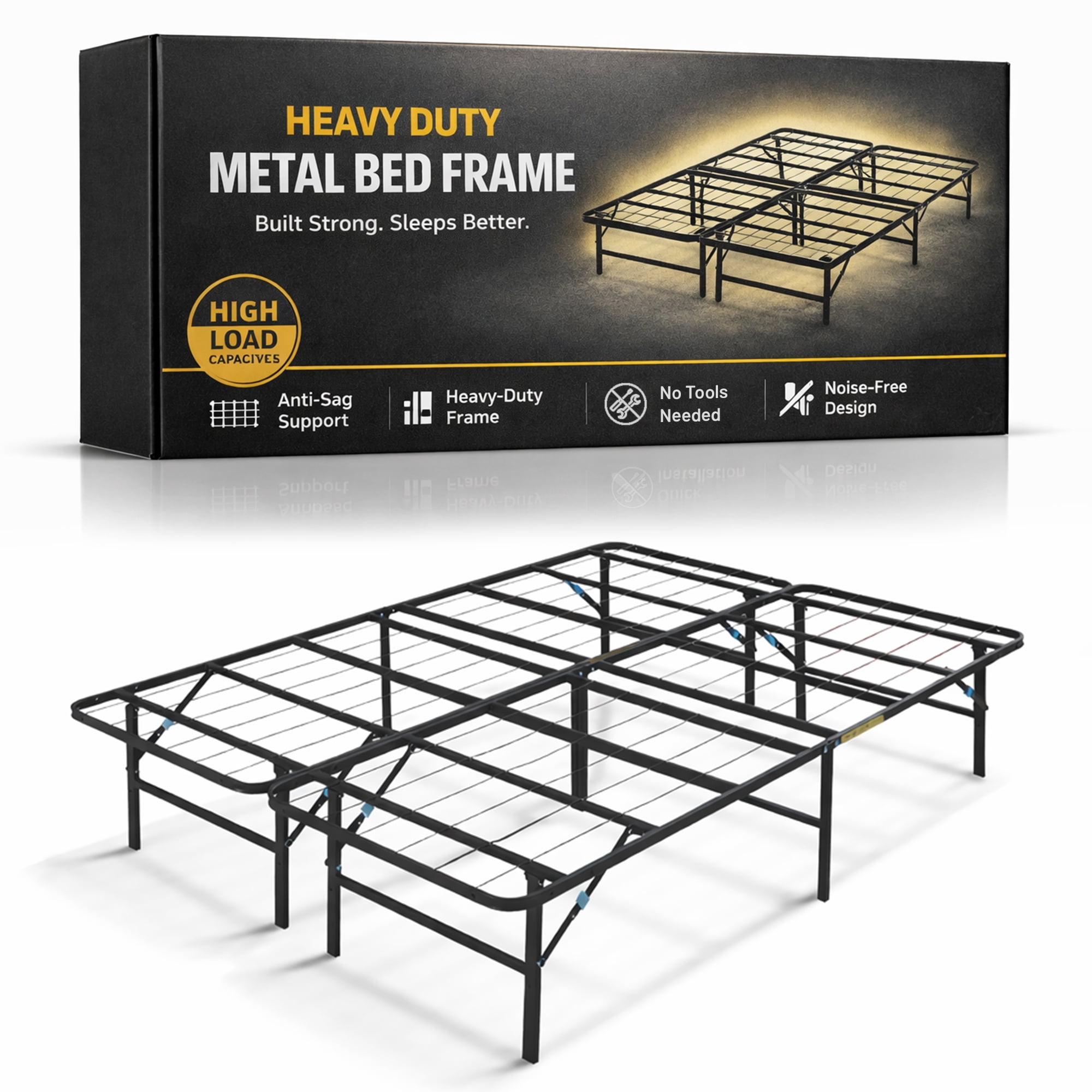 Continental Sleep, 14-Inch Foldable Metal Platform Bed Frame with Tool Free Setup, Sturdy Steel, No Box Spring Needed, Queen, Black