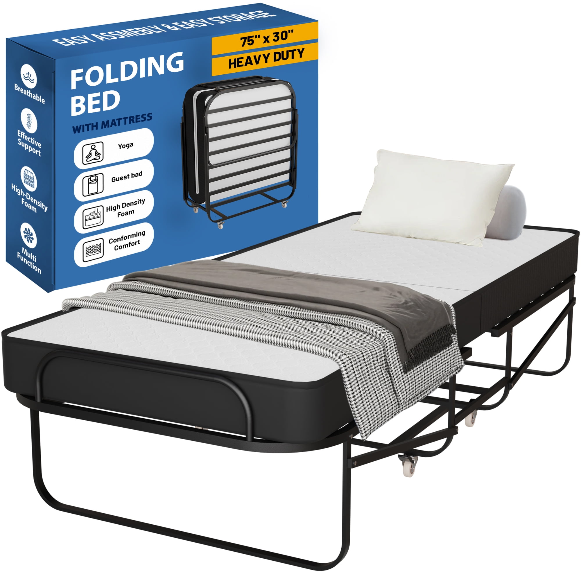 Continental Sleep, 16″ High Folding Guest Bed with 5″ Memory Foam Mattress, Sturdy Metal Frame, Easy Access for Seniors, Underbed Storage, Comfortable Rollaway Bed for Guests, 30″ Wide