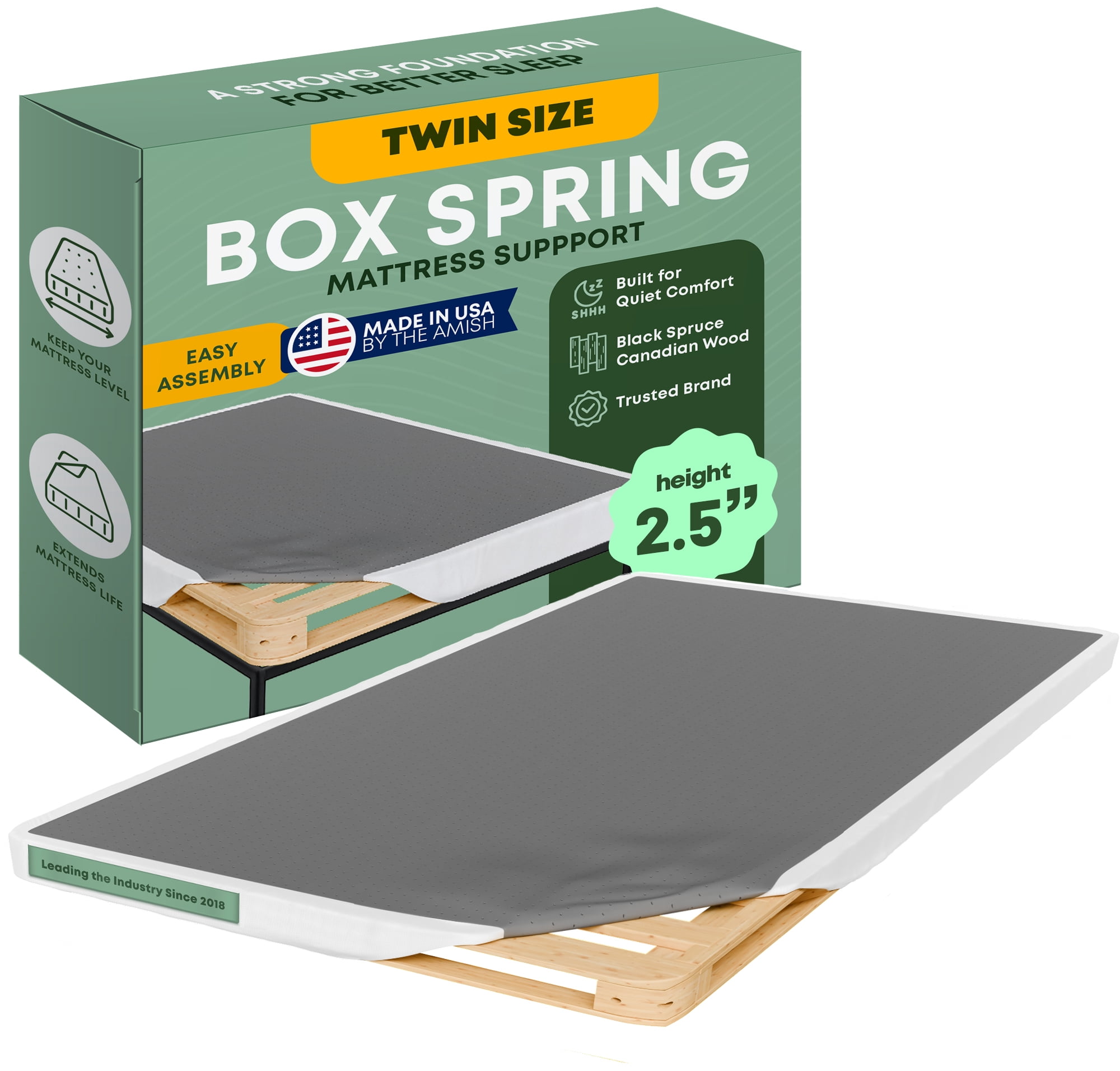 Continental Sleep, 2.5” Twin Box Spring Only for Twin Size Bed, Solid Wood Mattress Foundation with Stable & Quiet Support, Flat-Packed & Easy Assembly, Wood Box Spring, White