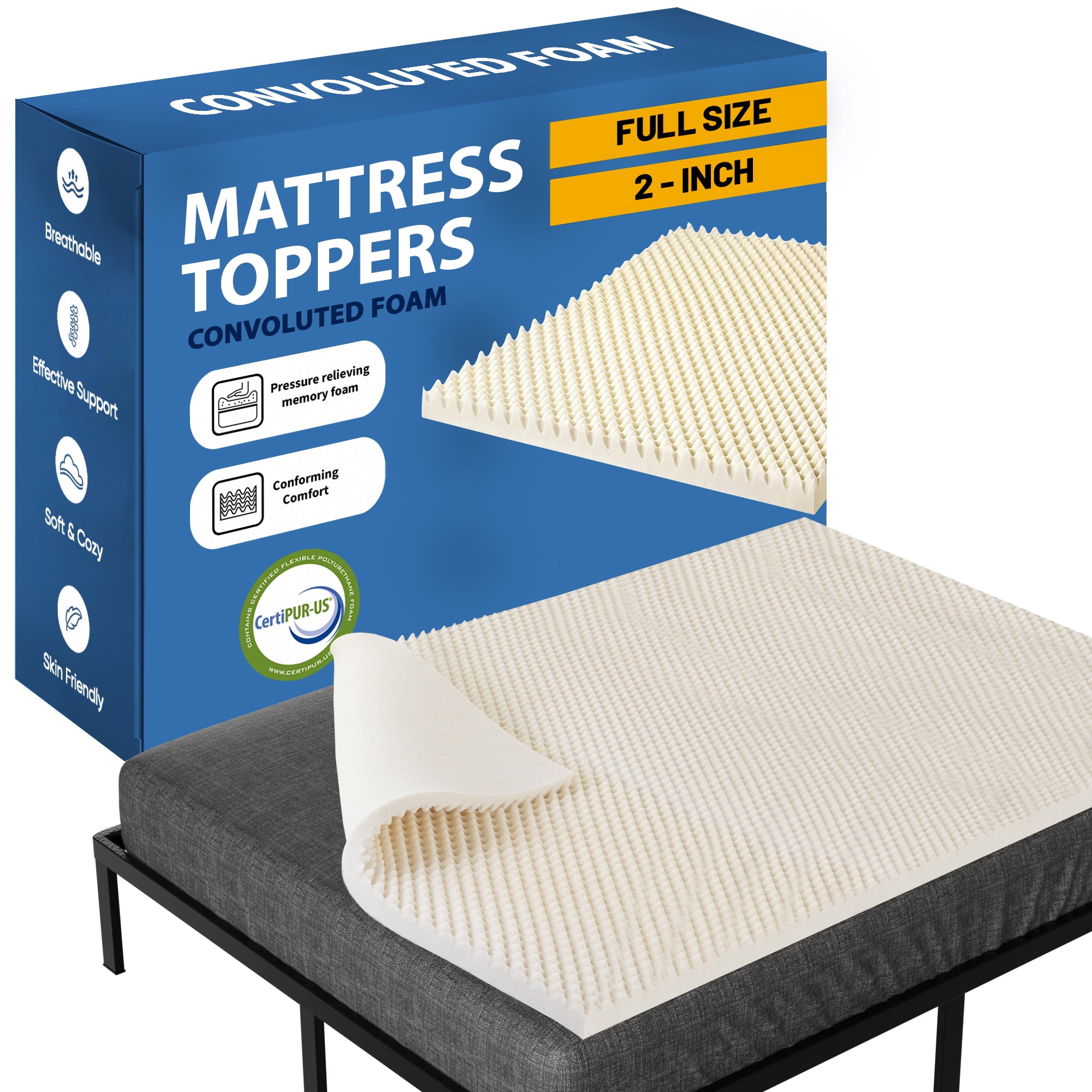 Continental Sleep, 2" Convoluted Copper-Infused Memory Foam Mattress Toppers, Cooling and Pressure Relieving with Airflow Design, Full, Beige