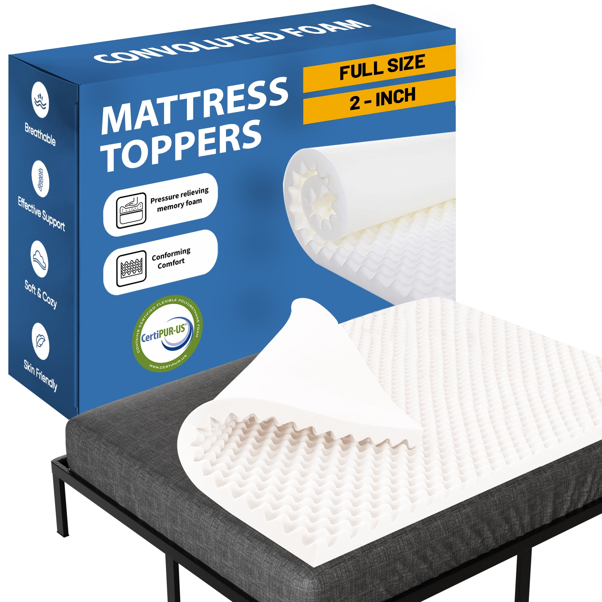 Continental Sleep, 2" Convoluted Egg Shell Foam Mattress Topper, Full, White