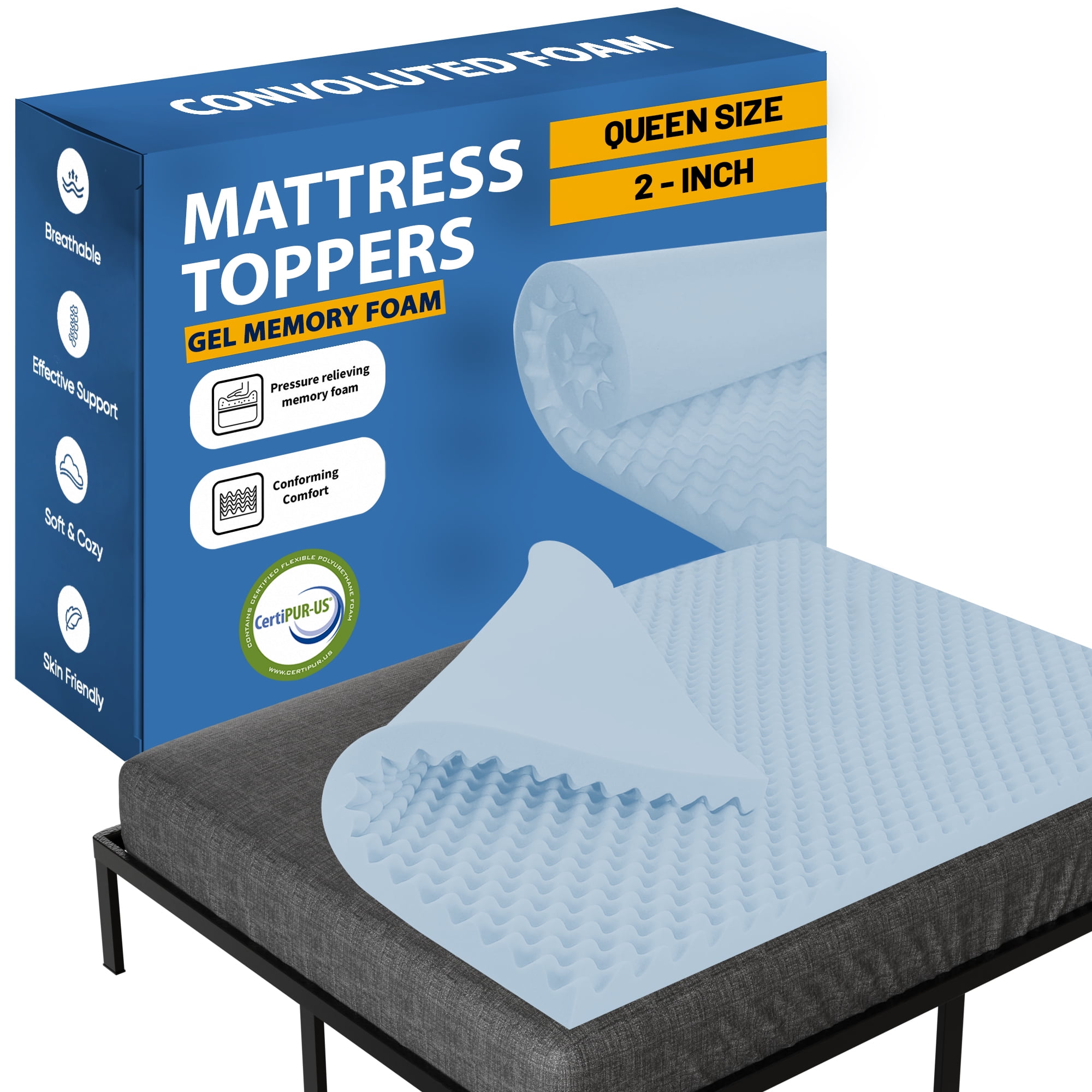 Continental Sleep 2" Convoluted Gel Memory Foam Topper, Queen - Cooling Comfort Motion Isolation