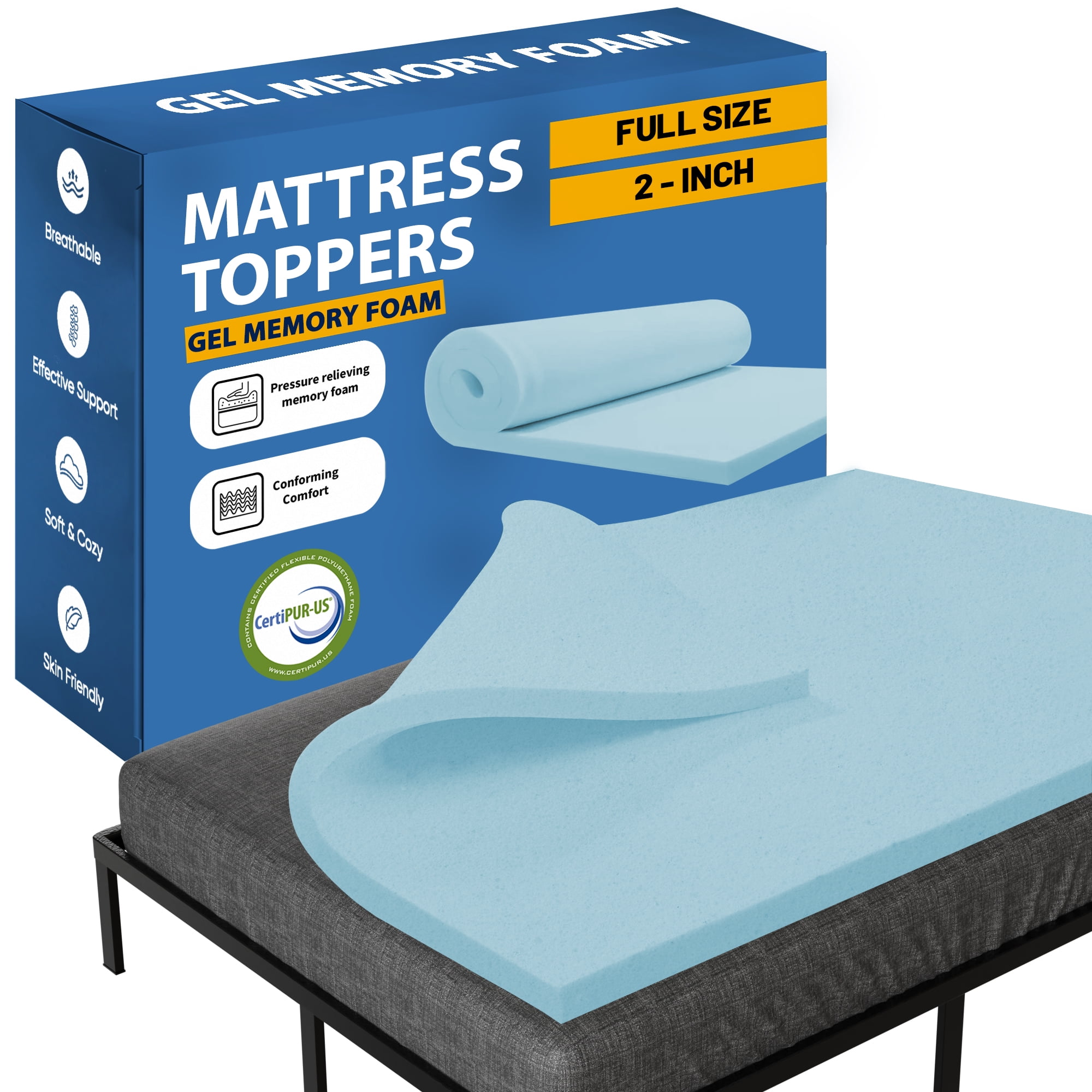 Continental Sleep, 2" Gel Memory Foam Mattress Topper CertiPUR-US, Full, Blue