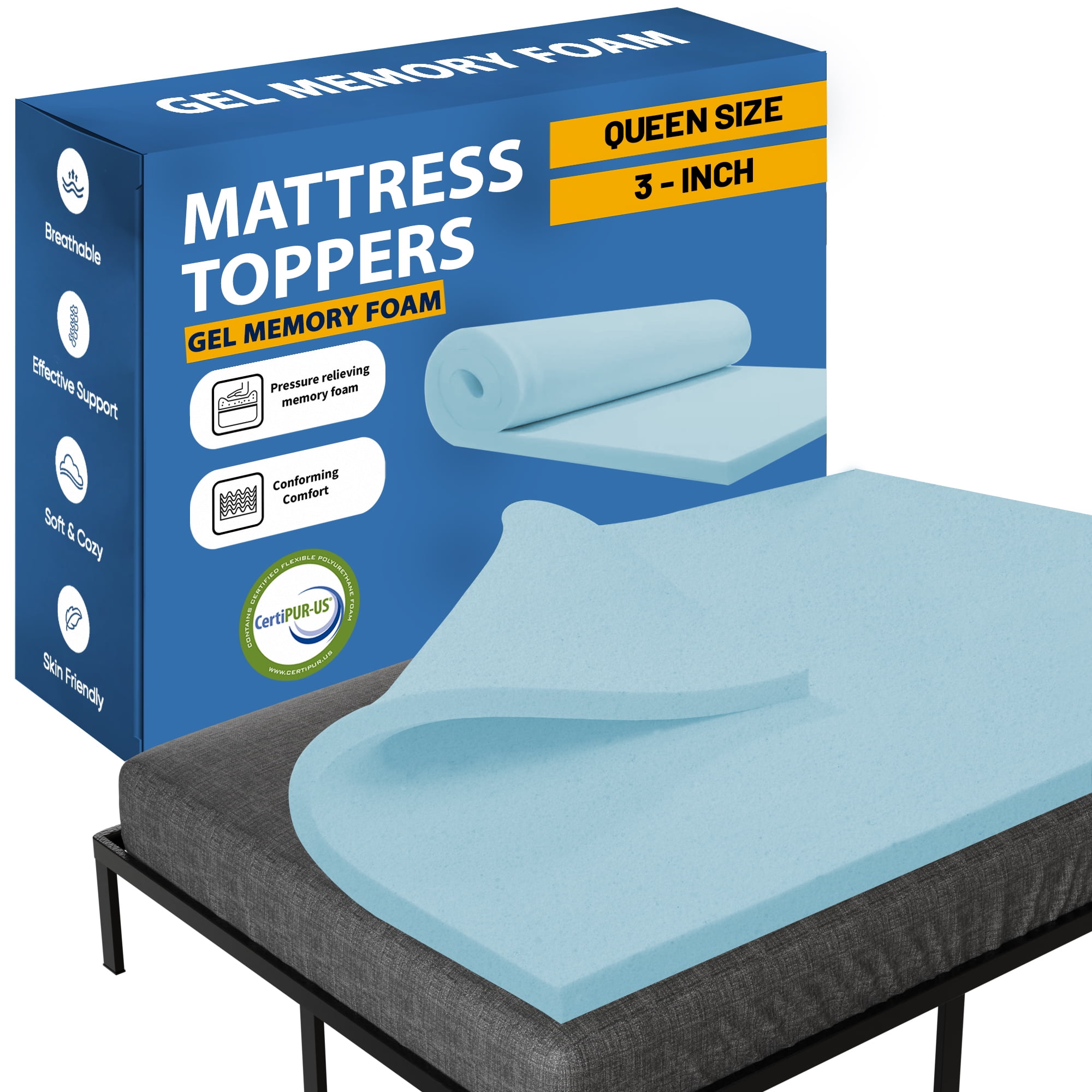 Continental Sleep, 3" Gel Memory Foam Mattress Topper, Queen, Blue