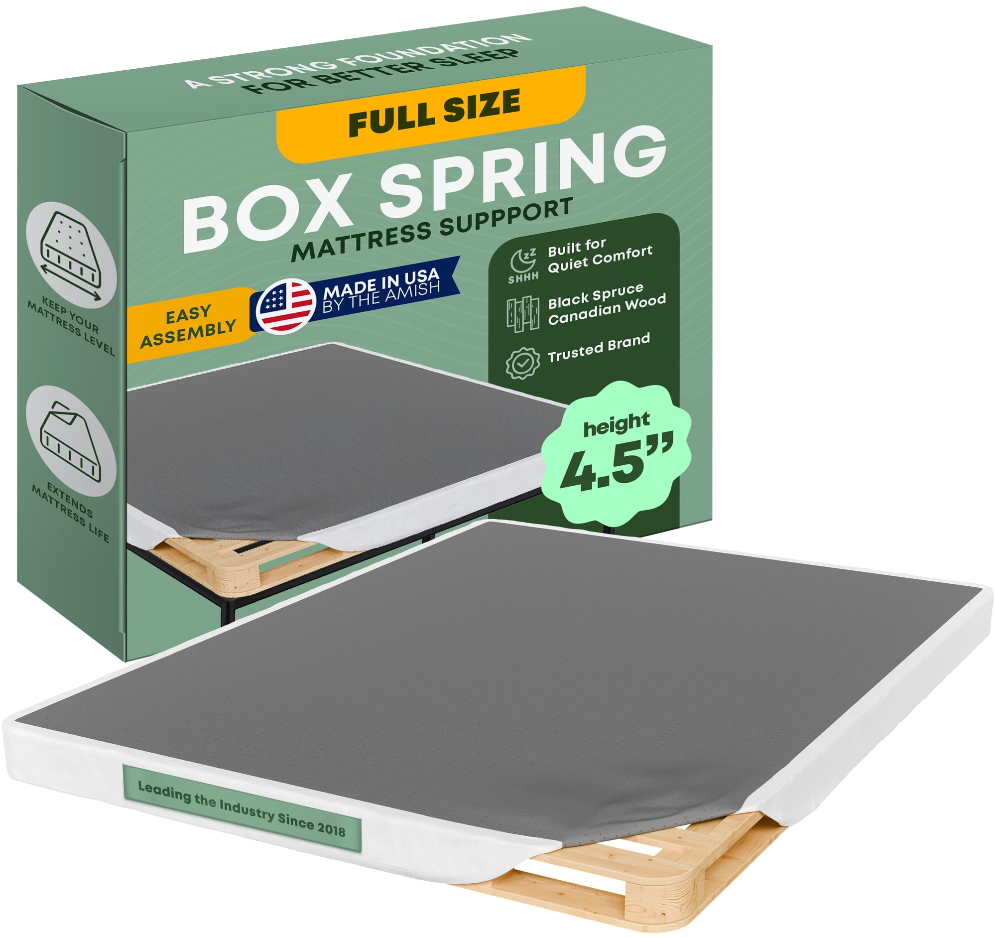 Continental Sleep, 4.5” Full Box Spring Only for Full Size Bed, Solid Wood Mattress Foundation with Stable & Quiet Support, Flat-Packed & Easy Assembly, Wood Box Spring, White