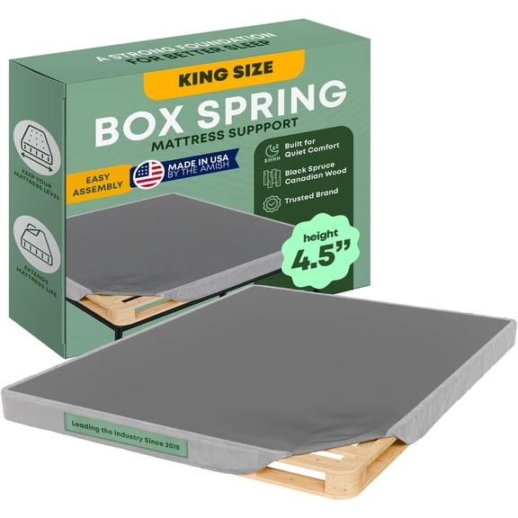 Continental Sleep, 4.5” King Box Spring Only for King Size Bed, Solid Wood Mattress Foundation with Stable & Quiet Support, Flat-Packed & Easy Assembly, Wood Box Spring, Gray