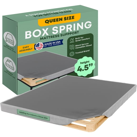 Continental Sleep, 4.5” Queen Box Spring Only for Queen Size Bed, Solid Wood Mattress Foundation with Stable & Quiet Support, Flat-Packed & Easy Assembly, Wood Box Spring, Gray