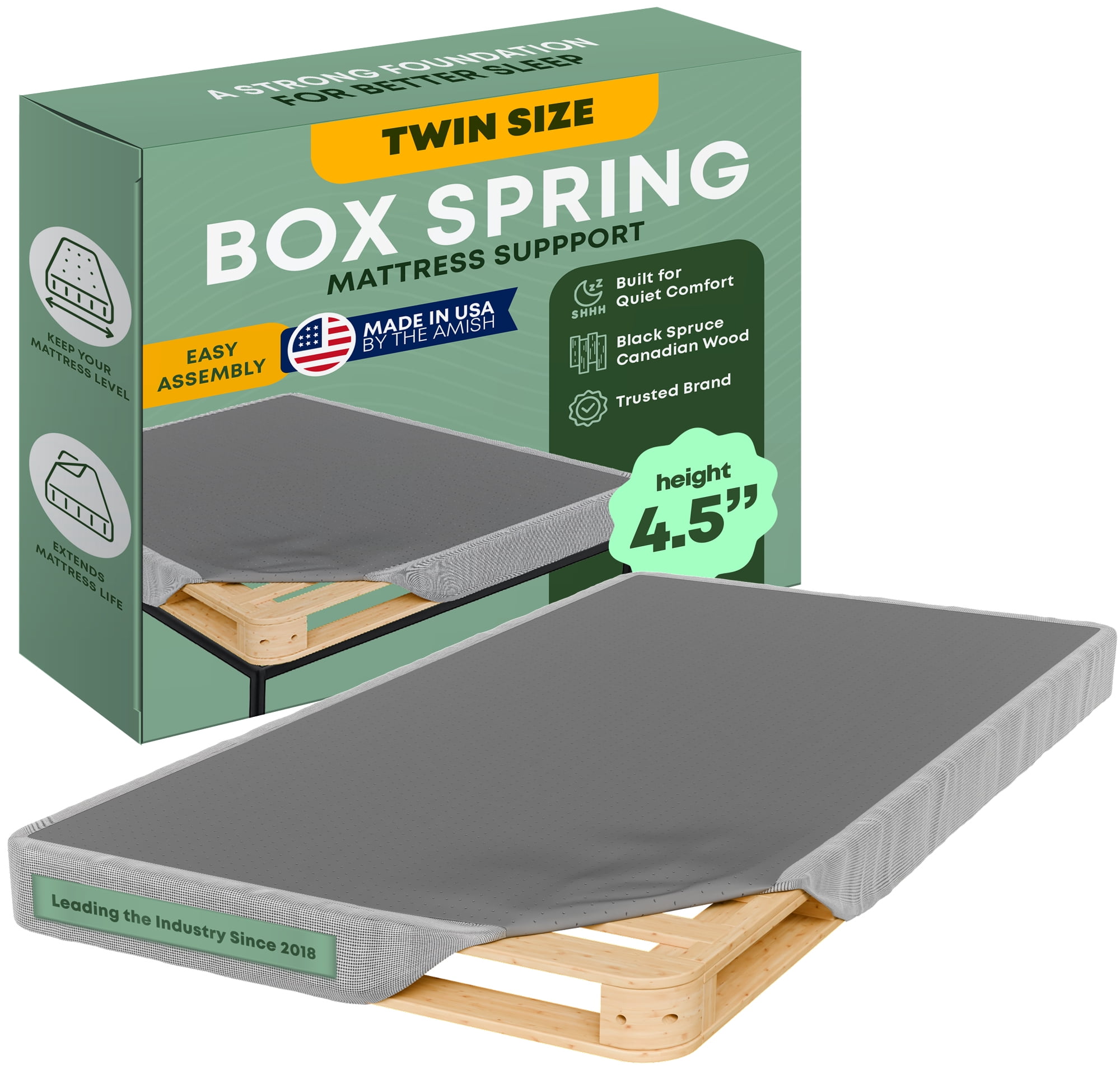 Continental Sleep, 4.5” Twin Box Spring Only for Twin Size Bed, Solid Wood Mattress Foundation with Stable & Quiet Support, Flat-Packed & Easy Assembly, Wood Box Spring, Gray