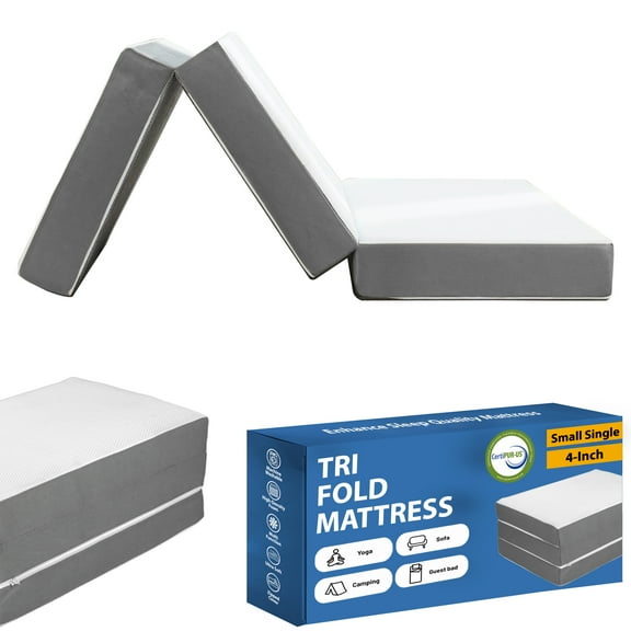 Continental Sleep, 4-Inch Tri-Folding Gel Memory Foam Portable Floor Mattress, Breathable Mesh, Ultra Soft, Removable and Washable Cover, Comfortable Support, 25-Inch, White
