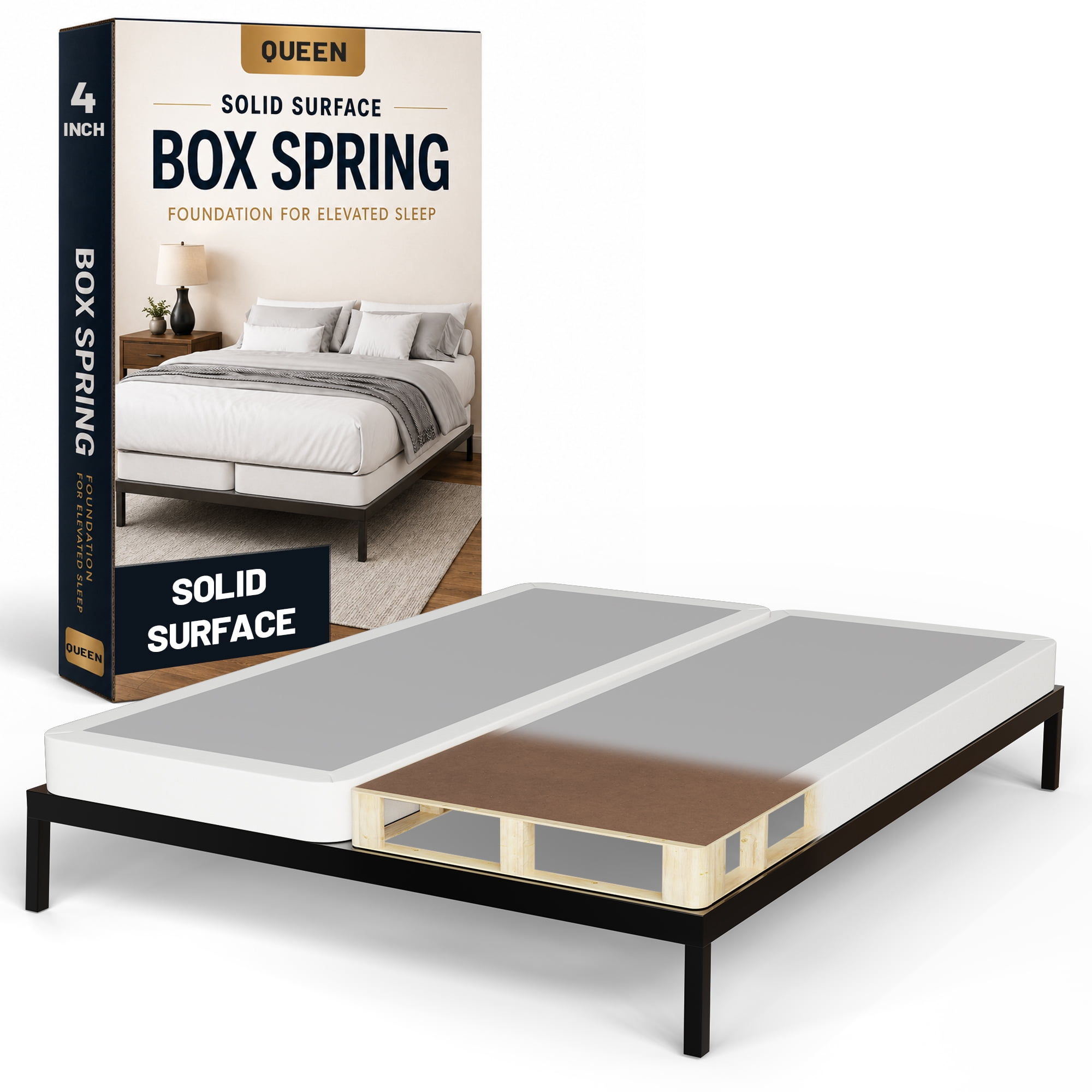 Continental Sleep, 4-Inch Wood Solid Surface Box Spring Bed Base Queen Size, Quiet Noise Free, 2-Pieces Under Mattress-Support Box Spring, Fully Assembled, White