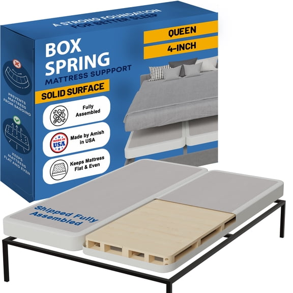 Continental Sleep, 4-Inch Wood Solid Surface Box Spring Bed Base Queen Size, Quiet Noise Free, 2-Pieces Under Mattress-Support Box Spring, Fully Assembled, White