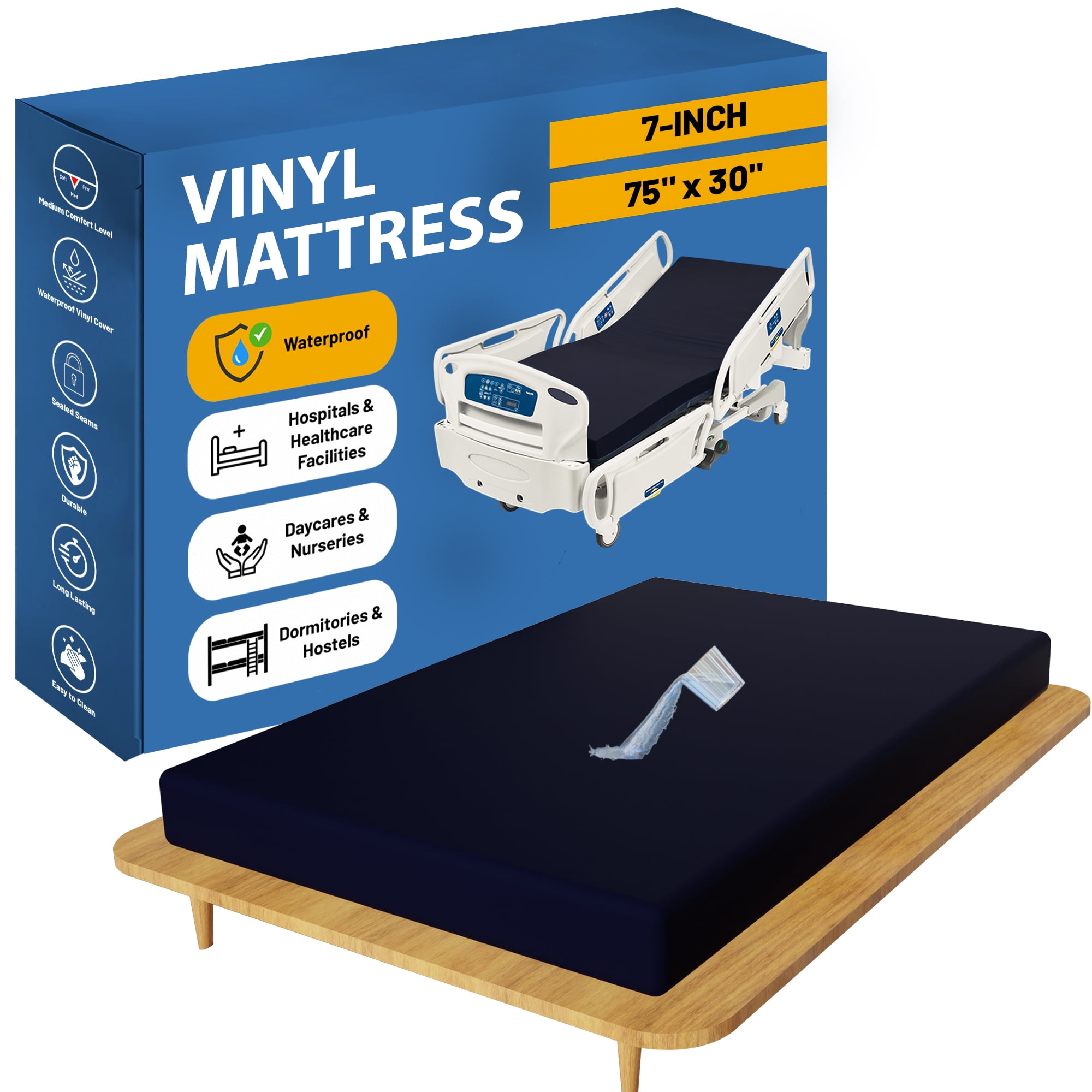 Continental Sleep, 7-Inch Medium Firm Water Resistance Nylon Vinyl Foam Mattress, Noiseless, Soft Cloud Feeling, Body Heat Reflection, Good for Hospital and Camp, 75" x 30", Blue