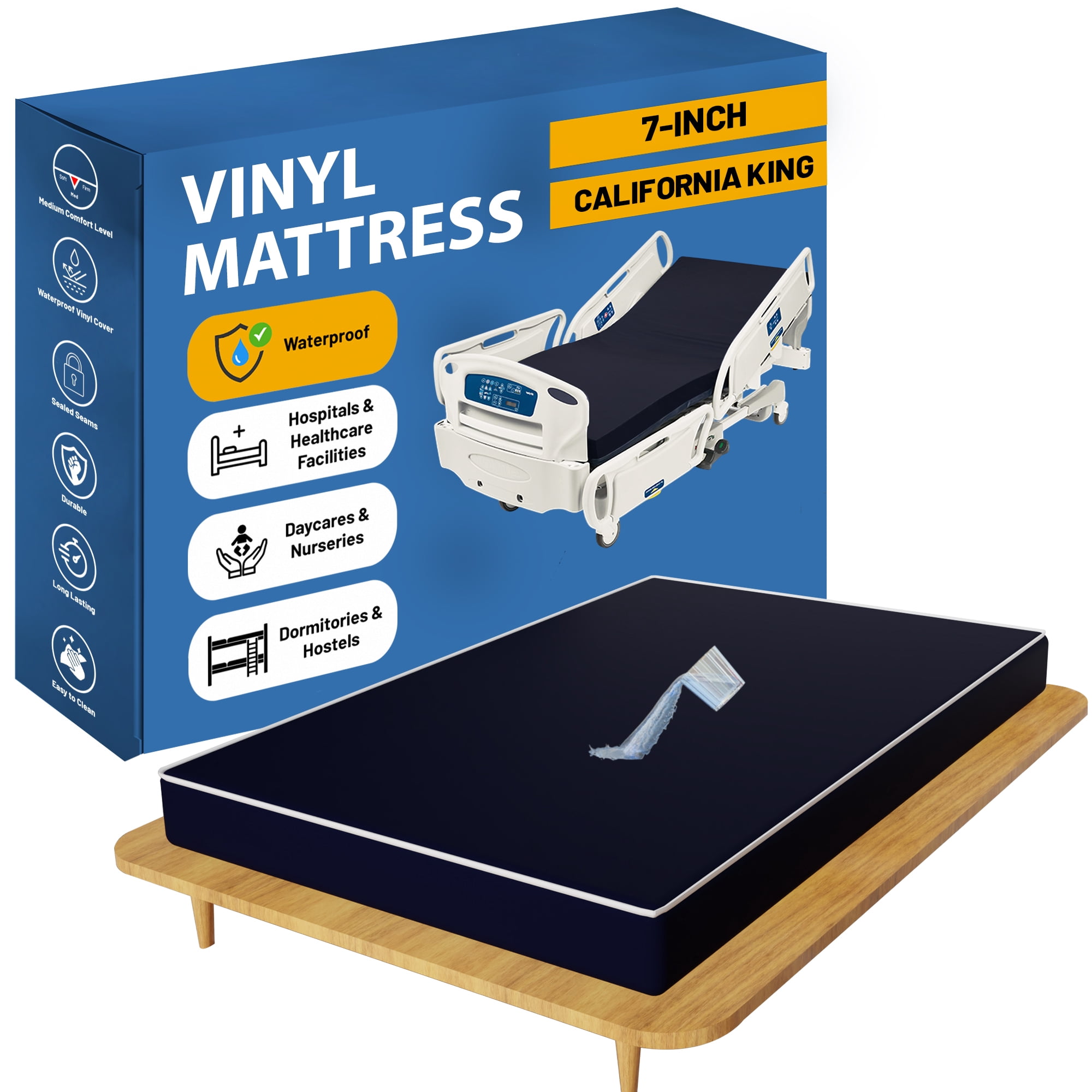 Continental Sleep, 7-Inch Medium Firm Water Resistance Nylon Vinyl Foam Mattress, Noiseless, Soft Cloud Feeling, Body Heat Reflection, Good for Hospital and Camp, California King, Blue