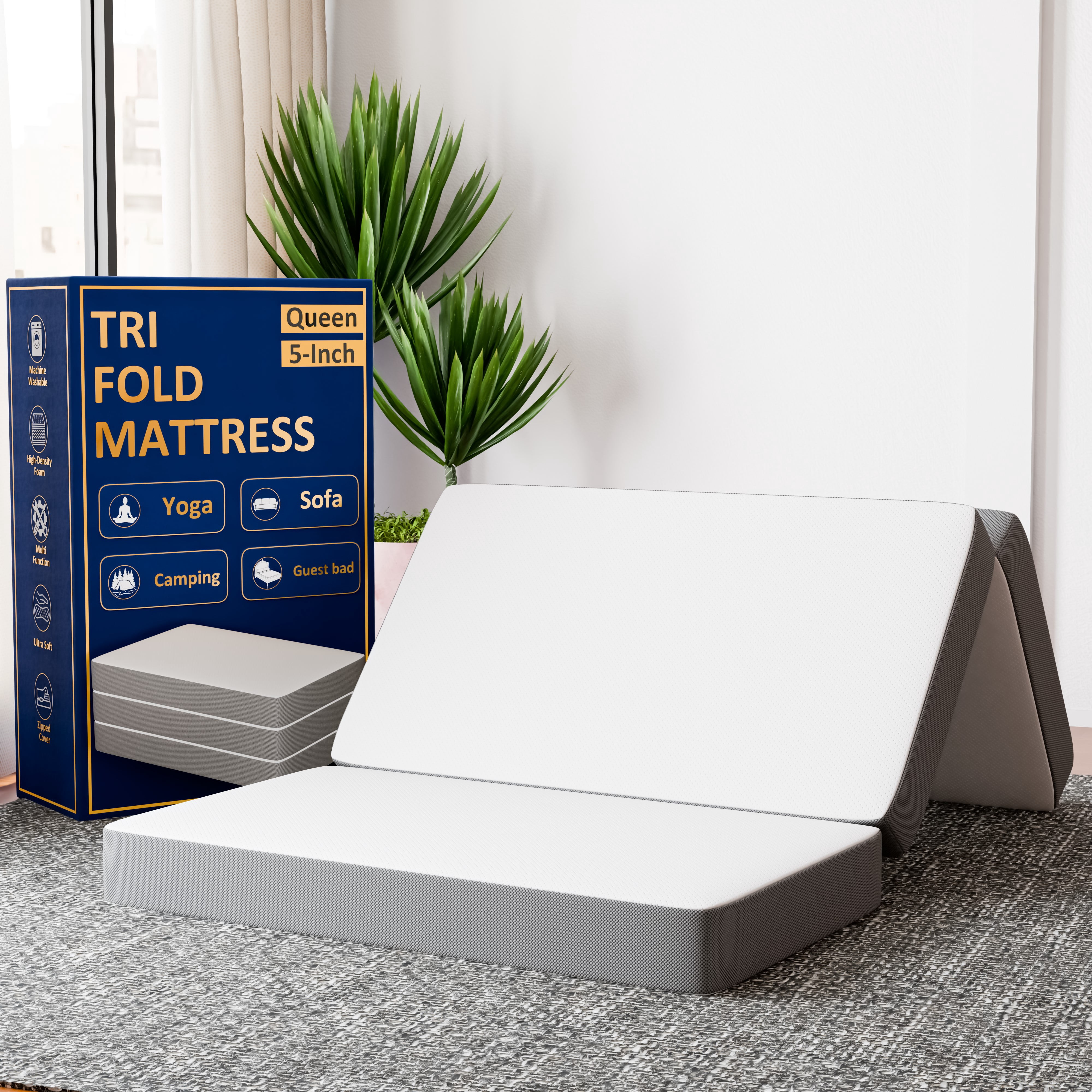 Continental Sleep, 5-Inch Tri-Folding Gel Memory Foam Portable Floor Mattress, Breathable Mesh, Ultra Soft, Removable and Washable Cover, Comfortable Support, Queen, White