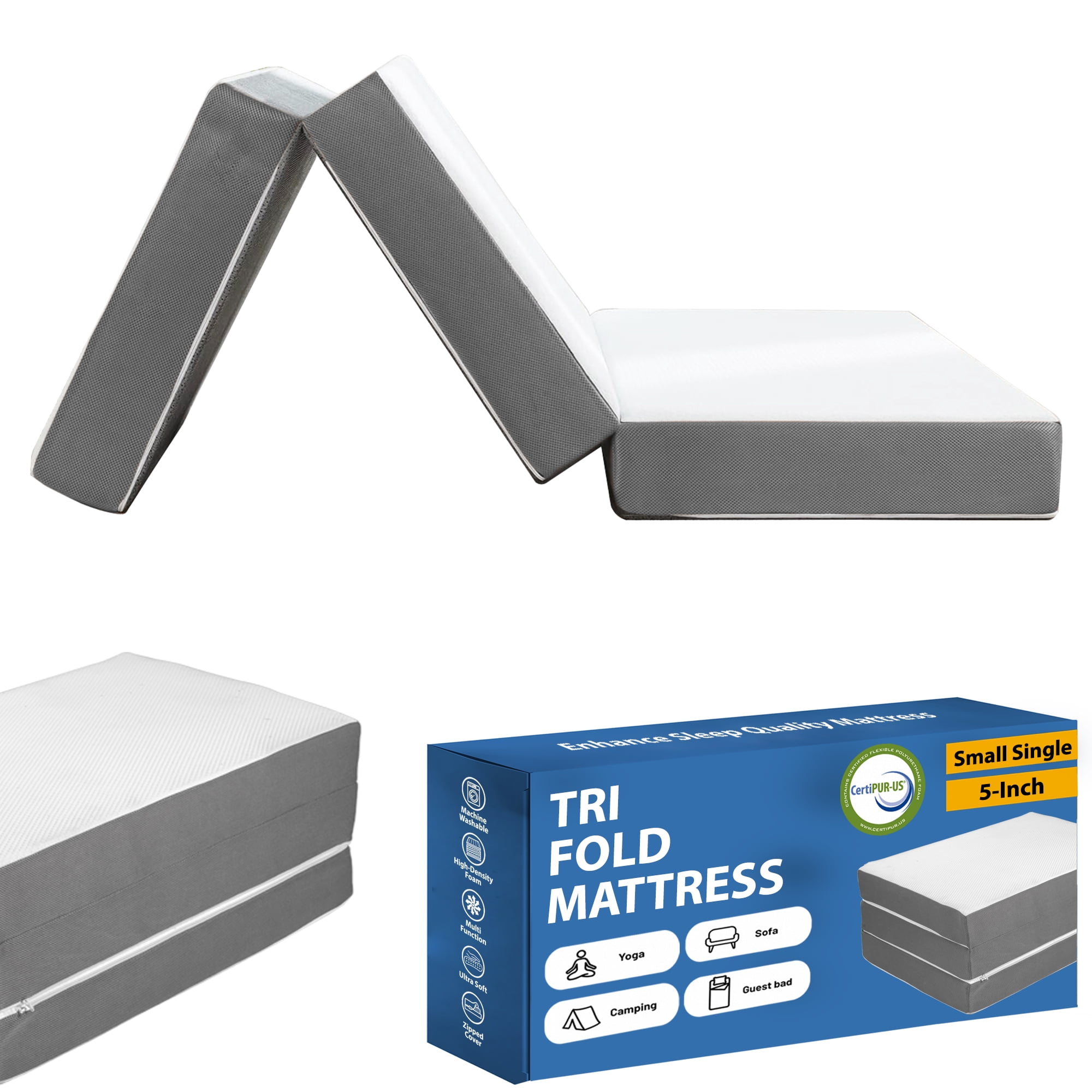 Continental Sleep, 5-Inch Tri-Folding Gel Memory Foam Portable Floor Mattress, Breathable Mesh, Ultra Soft, Removable and Washable Cover, Comfortable Support, 25-Inch, White