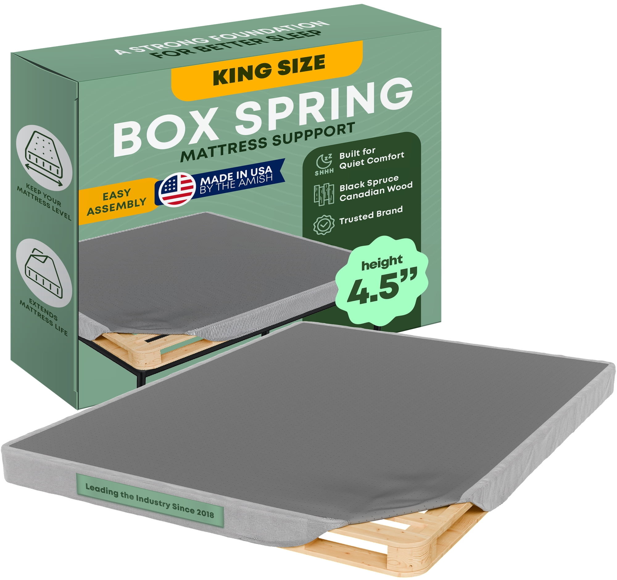 Continental Sleep, Unassembled King Box Spring for King Bed, 4.5-Inch Wood Box Spring Only, Noise-Free Mattress Foundation, Packed Flat, Easy Assembly, Gray