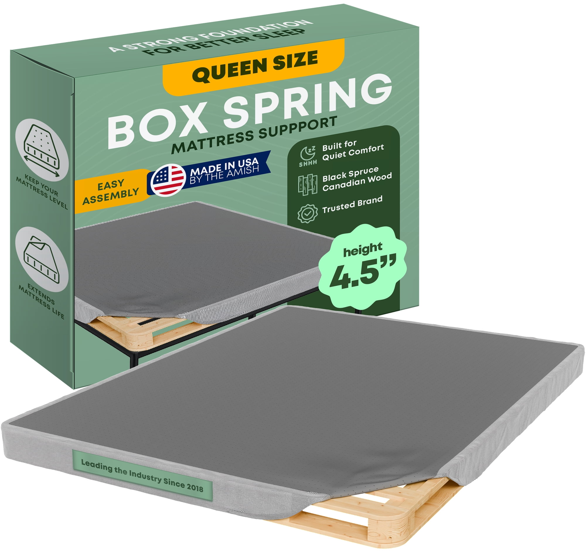 Continental Sleep, Unassembled Queen Box Spring for Queen Bed, 4.5-Inch Wood Box Spring Only, Noise-Free Mattress Foundation, Packed Flat, Easy Assembly, Gray