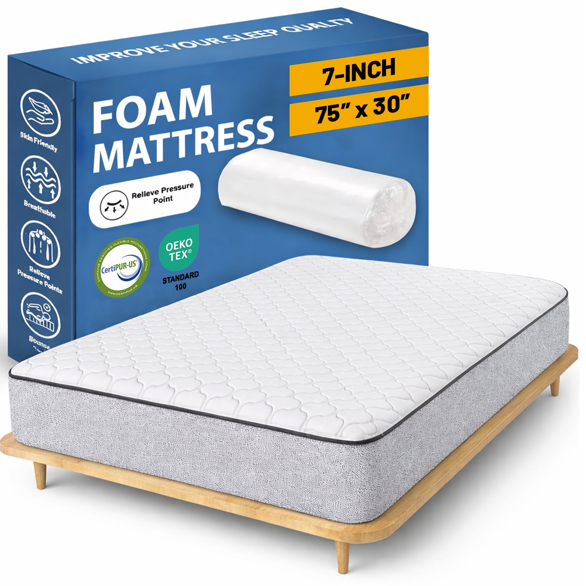 Continental Sleep, 7-Inch Medium Firm High Density Foam Mattress, Comfortable Mattress for Cooler Sleep, Supportive & Pressure Relief, 75" x 30", White