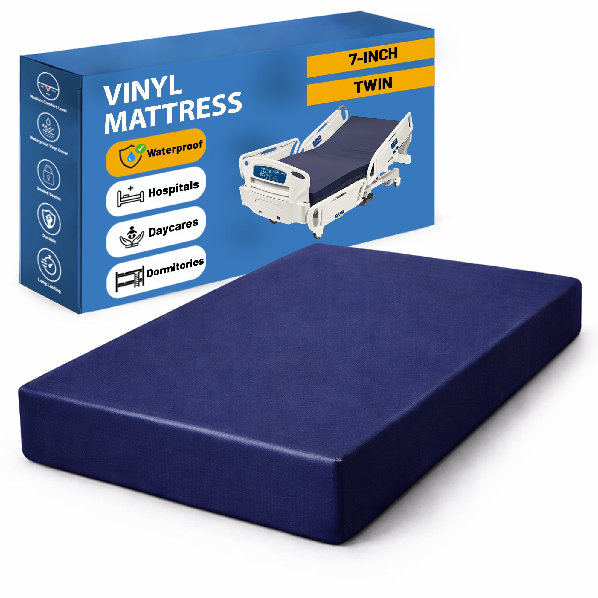 Continental Sleep, 7-Inch Medium Firm Water Resistance Nylon Vinyl Foam Mattress, Noiseless, Soft Cloud Feeling, Body Heat Reflection, Good for Hospital and Camp, Twin, Blue