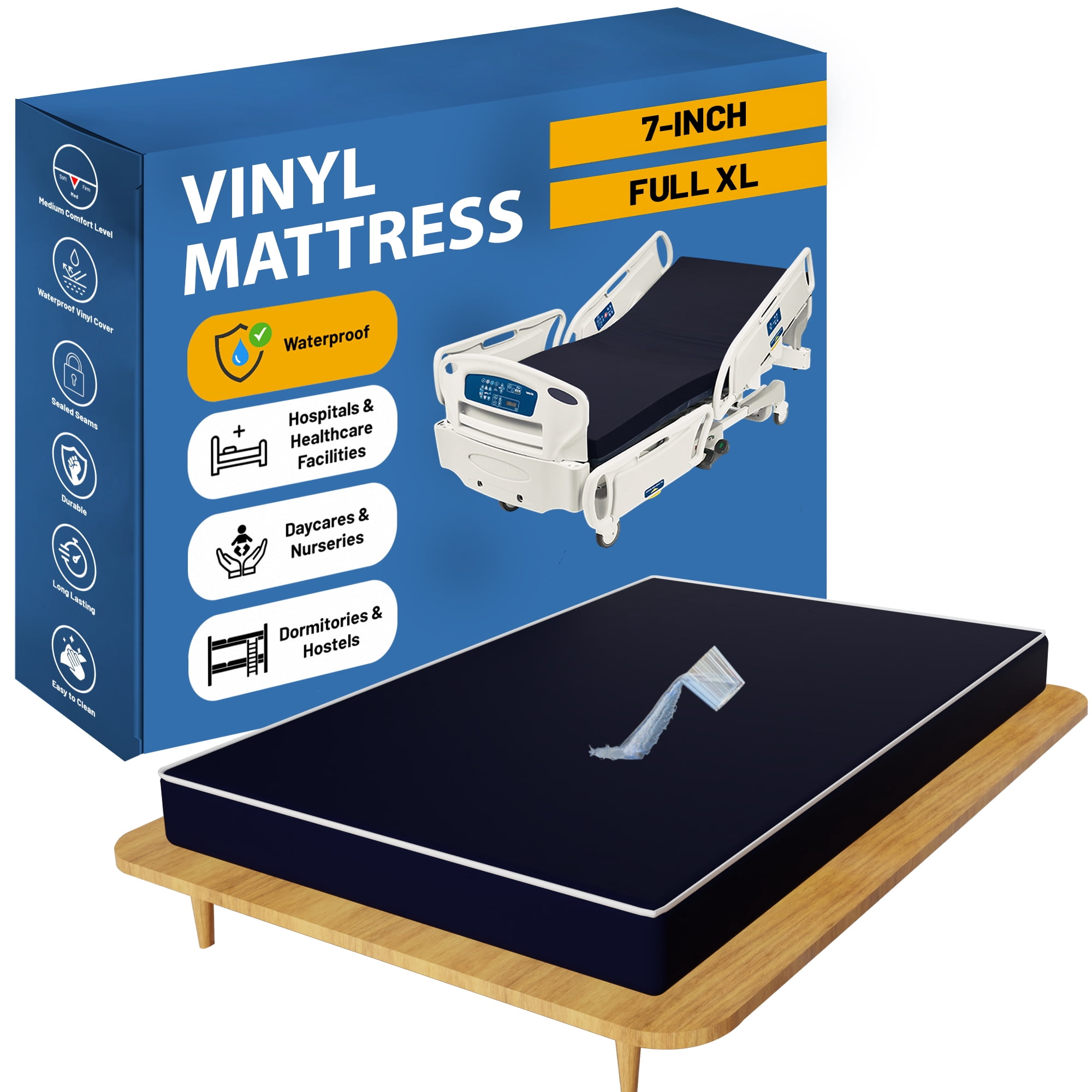 Continental Sleep, 7-Inch Medium Firm Water Resistance Nylon Vinyl Foam Mattress, Noiseless, Soft Cloud Feeling, Body Heat Reflection, Good for Hospital and Camp, Full XL, Blue