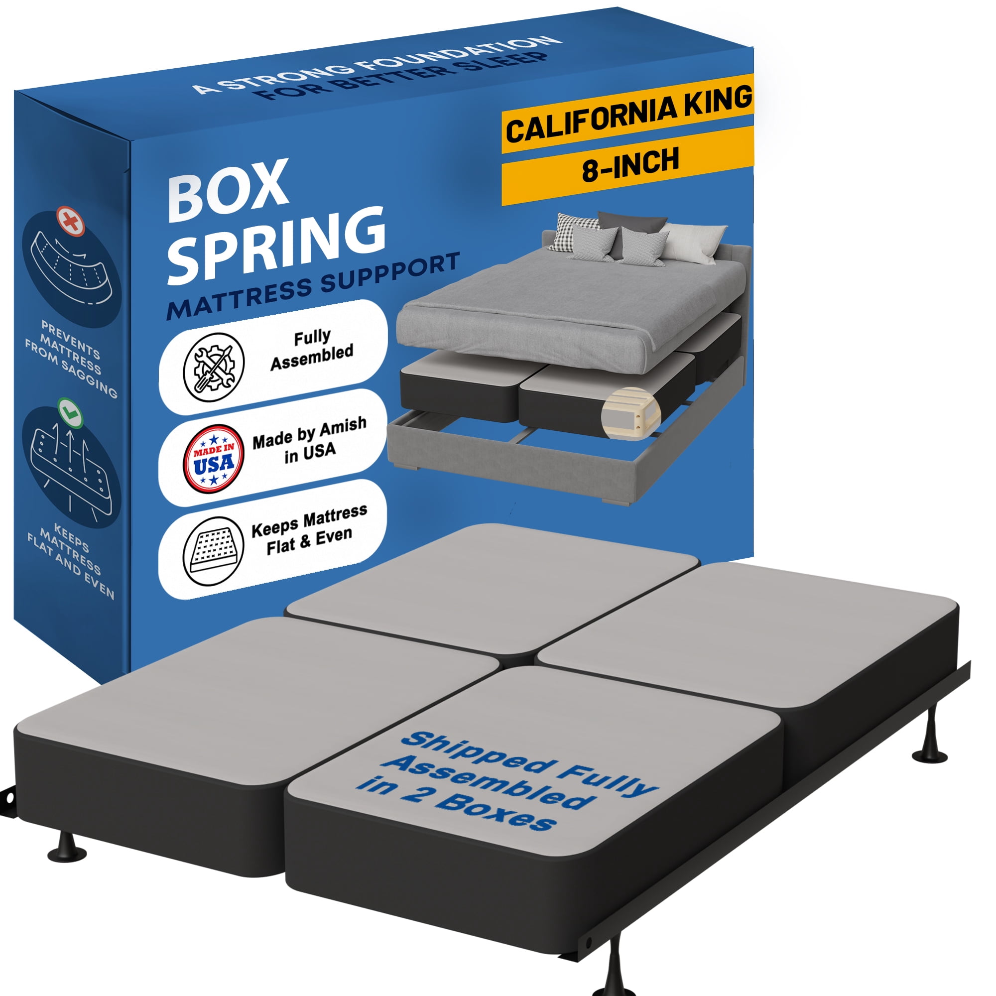 Continental Sleep, 8" California King Fold High Profile Wood Box Spring for Mattress, Black