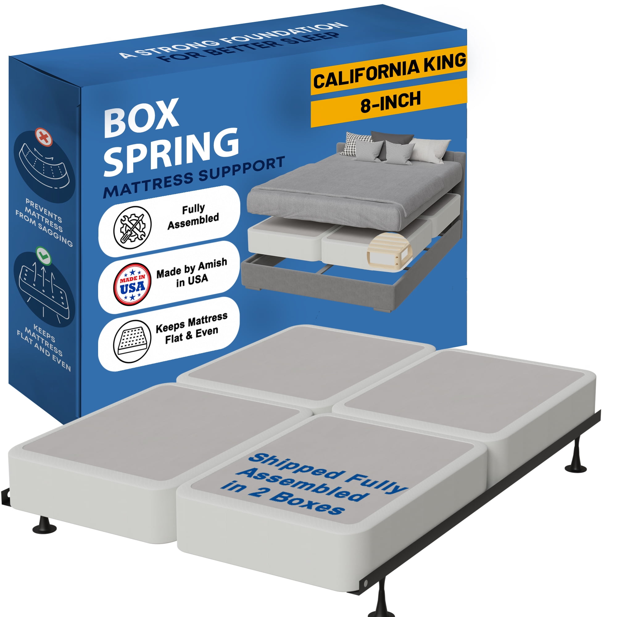 Continental Sleep, 8" California King Fold High Profile Wood Box Spring for Mattress, White