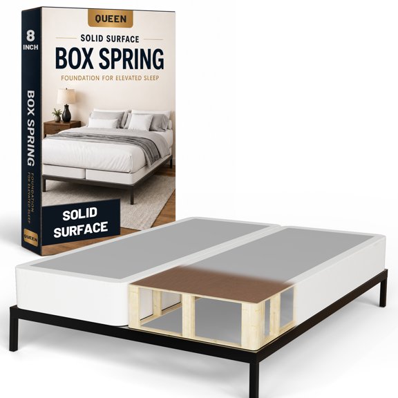 Continental Sleep, 8-Inch Wood Solid Surface Box Spring Bed Base Queen Size, Quiet Noise Free, 2-Pieces Under Mattress-Support Box Spring, Fully Assembled, White