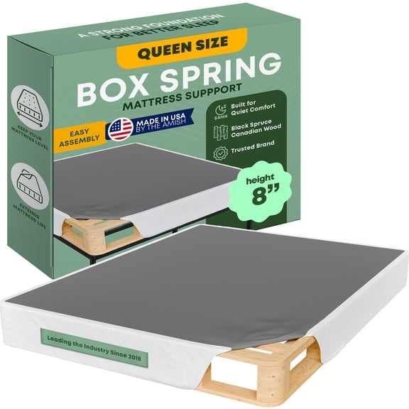 Continental Sleep, 8” Queen Box Spring Only for Queen Size Bed, Solid Wood Mattress Foundation with Stable & Quiet Support, Flat-Packed & Easy Assembly, Wood Box Spring, White