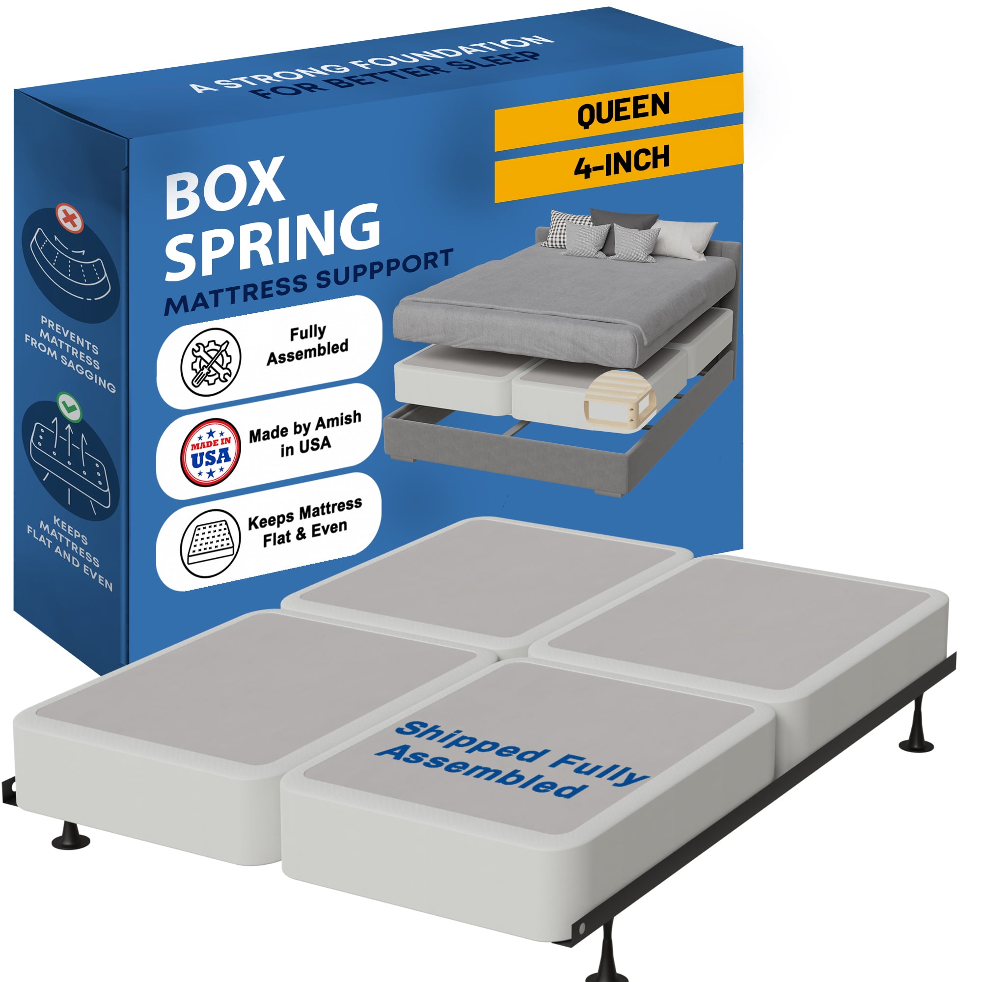 Continental Sleep, 4" Queen Fold Low Profile Wood Box Spring for Mattress, White