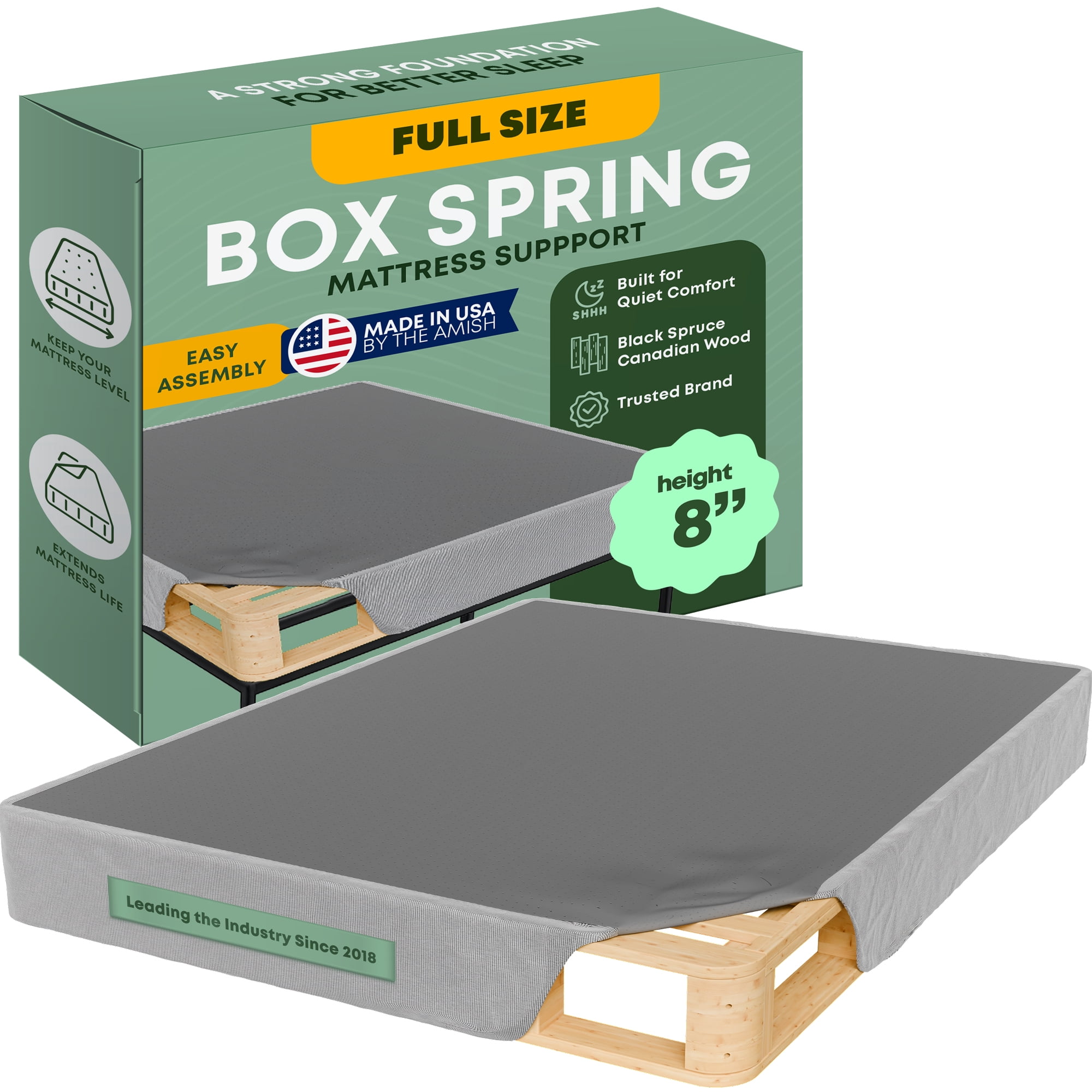 Continental Sleep, Unassembled Full Box Spring for Full Bed, 8-Inch Wood Box Spring Only, Noise-Free Mattress Foundation, Packed Flat, Easy Assembly, Gray